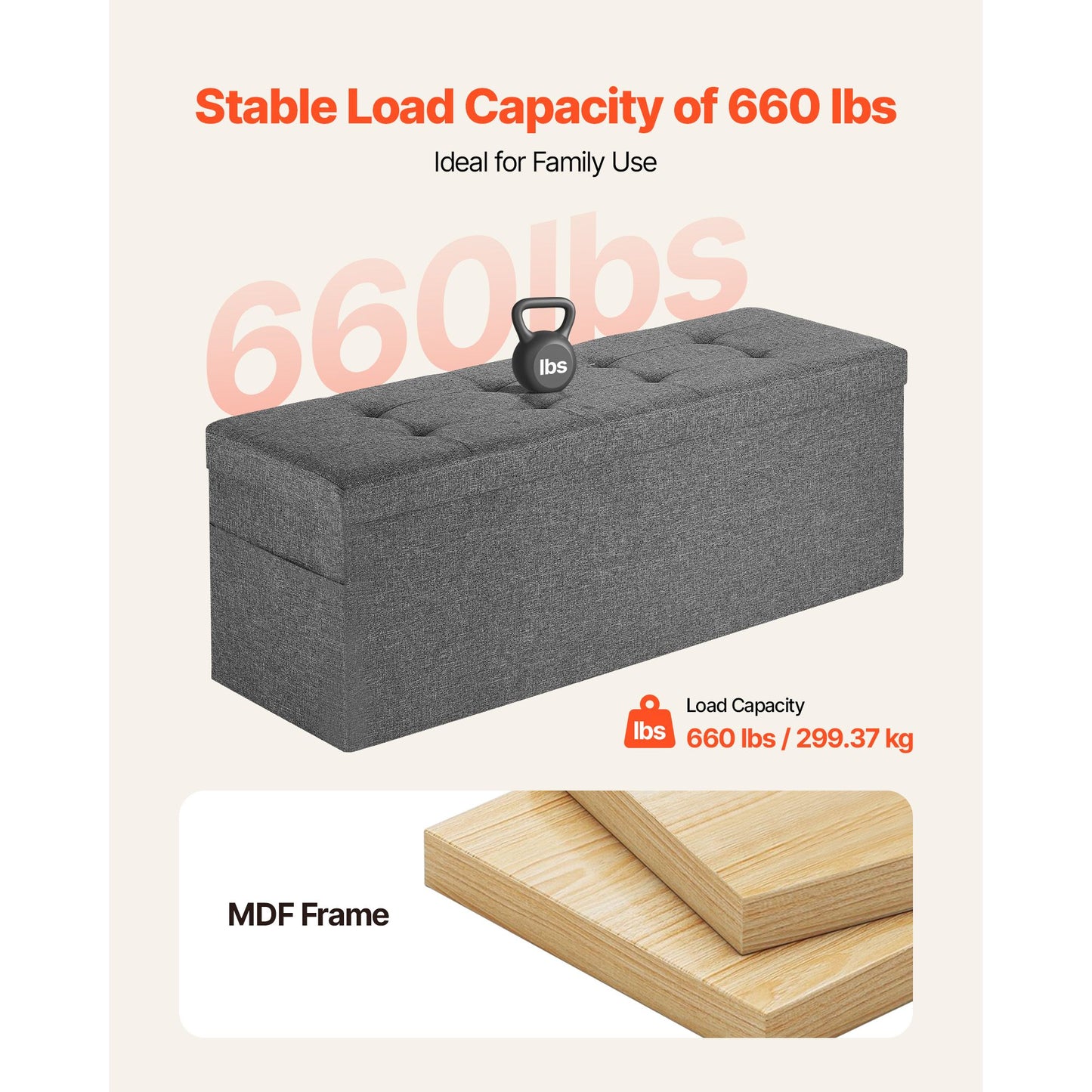 Foldable Storage Ottoman Bench – Large Capacity, Grey Linen Upholstered