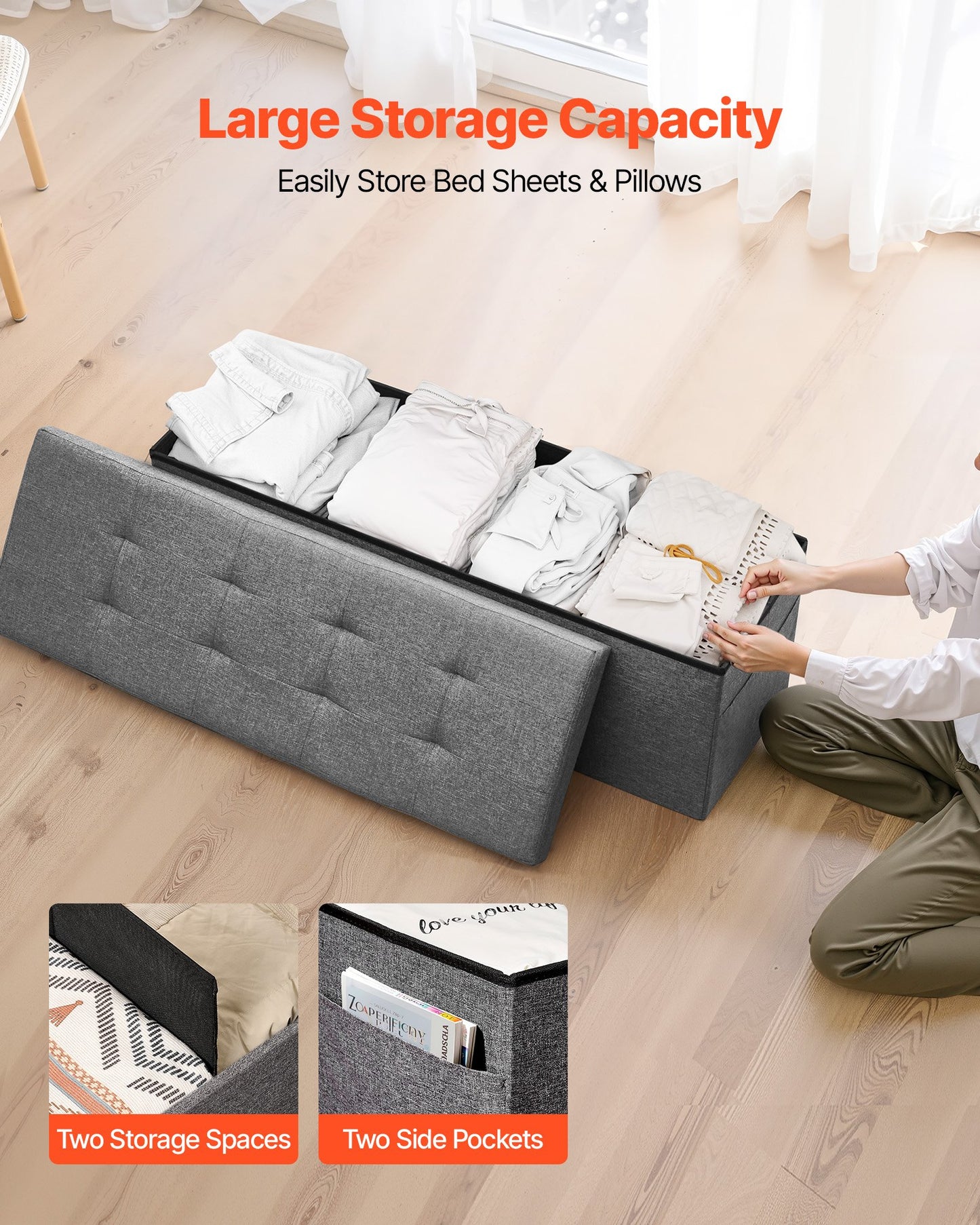 Foldable Storage Ottoman Bench – Large Capacity, Grey Linen Upholstered