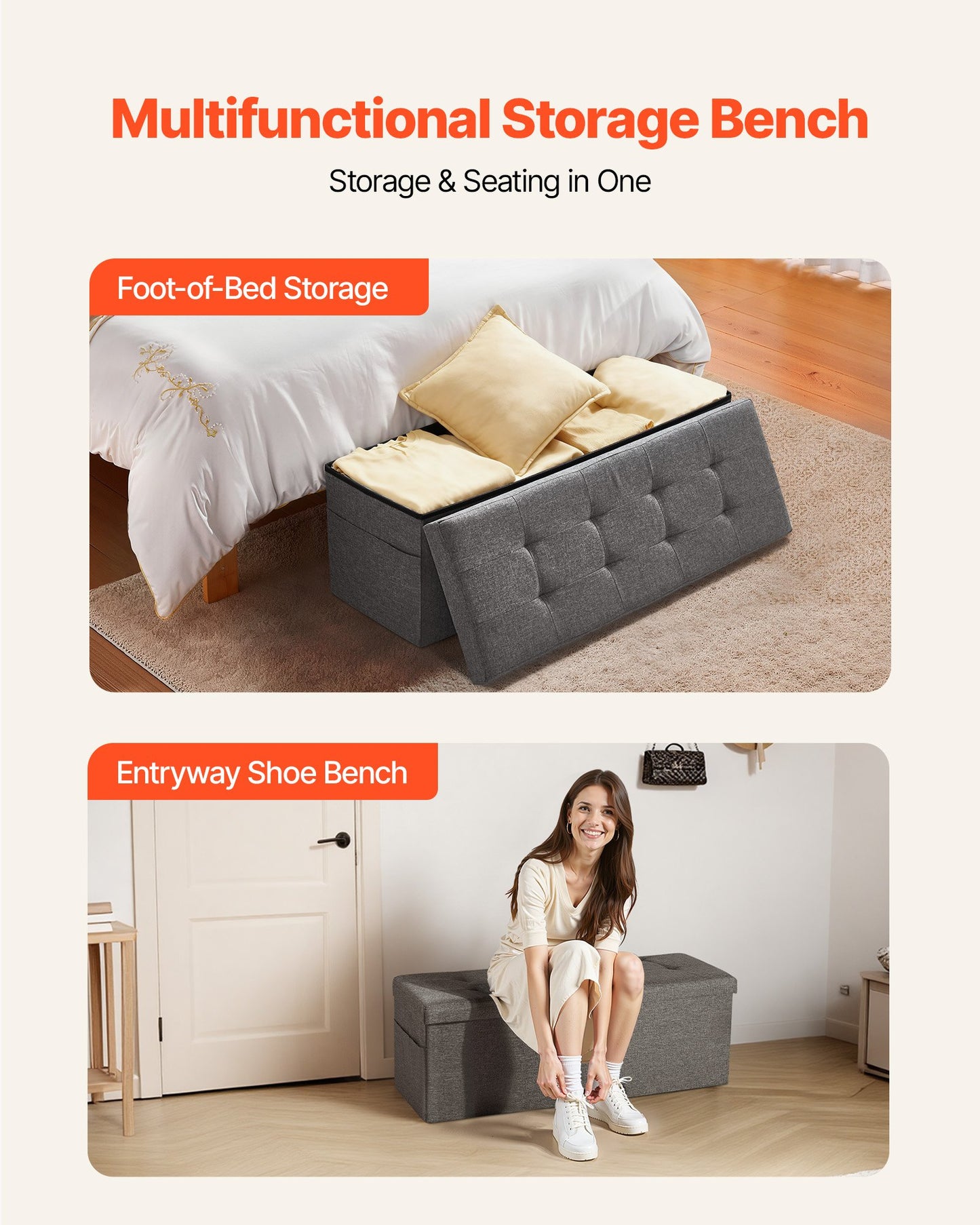 Foldable Storage Ottoman Bench – Large Capacity, Grey Linen Upholstered