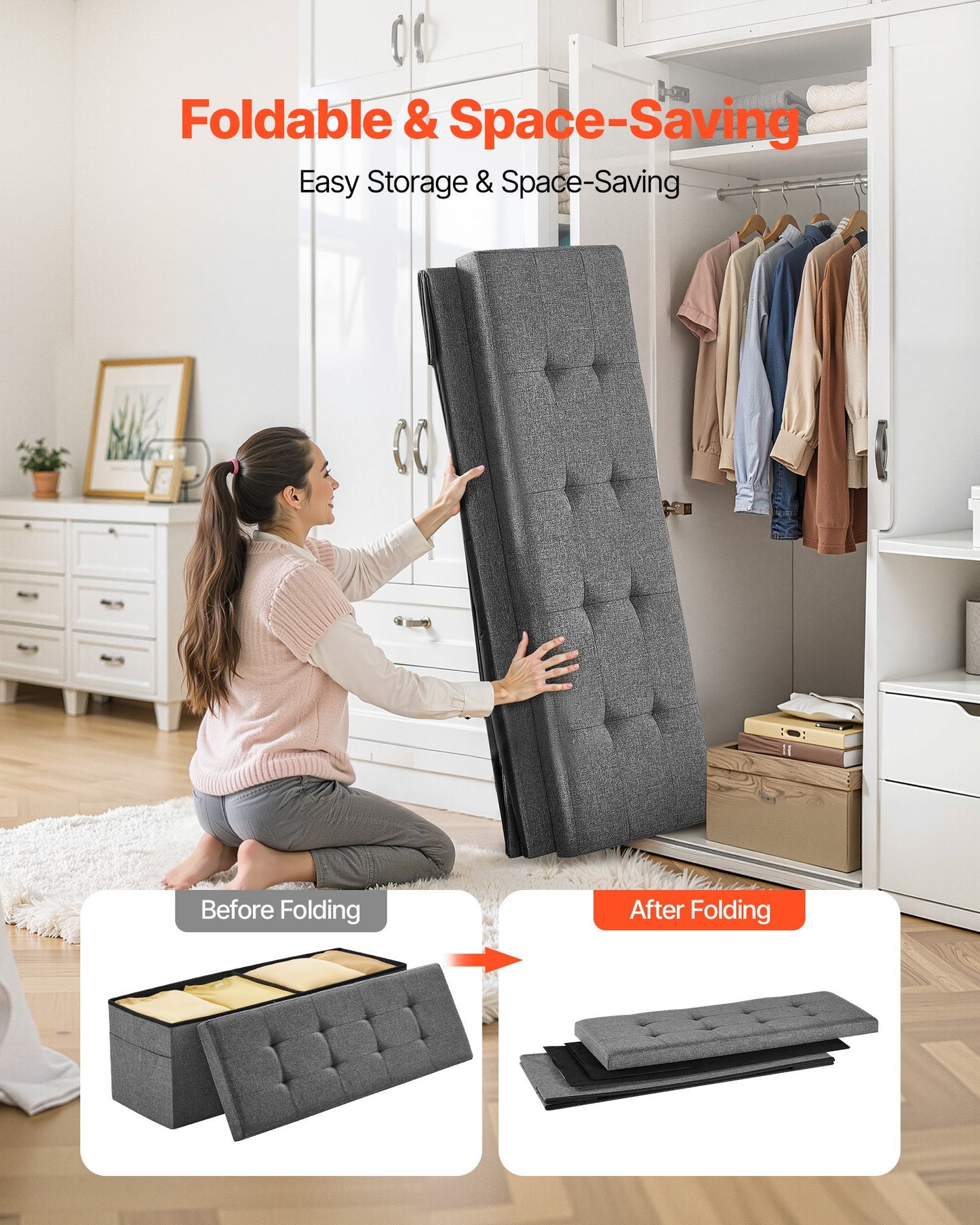 Foldable Storage Ottoman Bench – Large Capacity, Grey Linen Upholstered