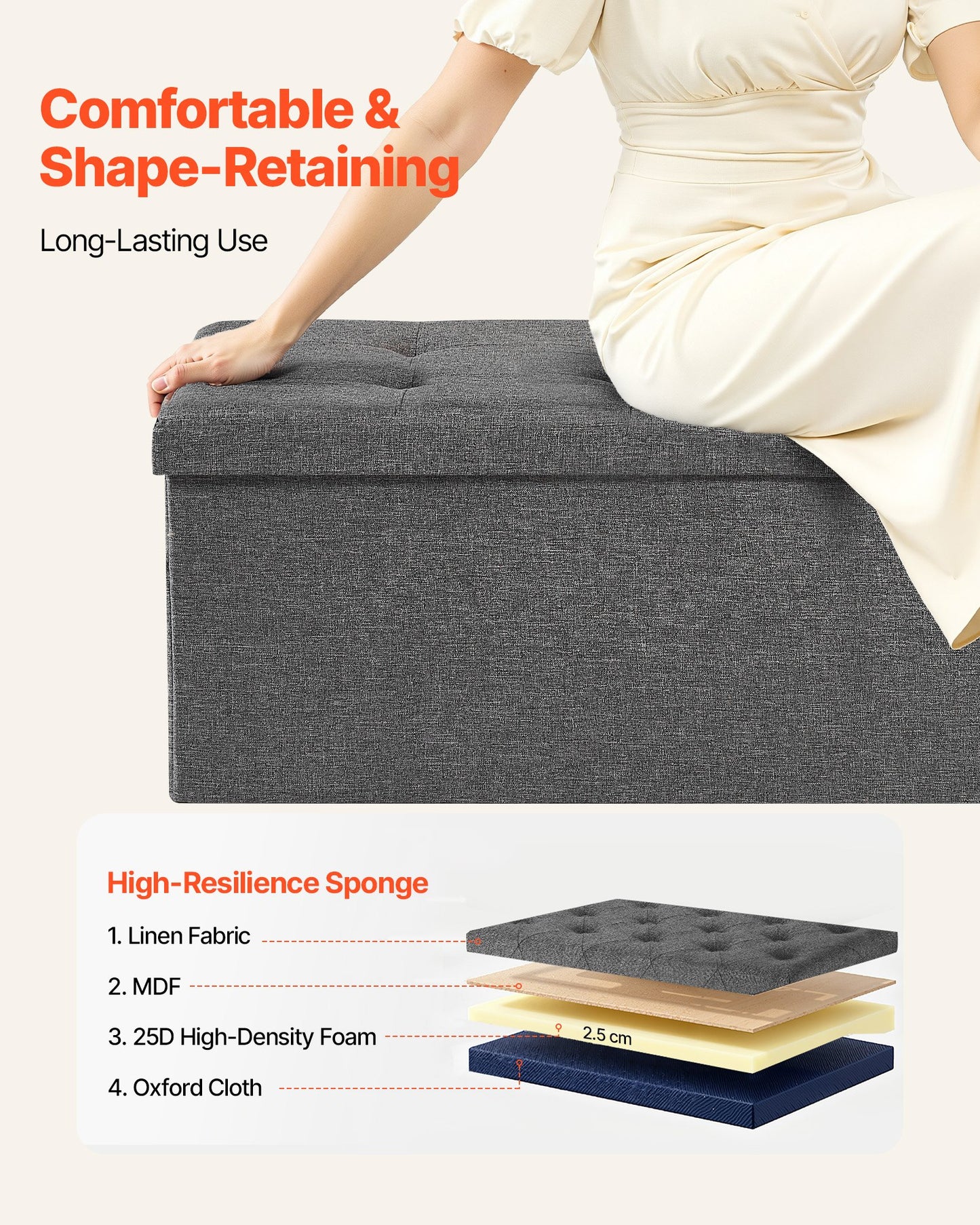 Foldable Storage Ottoman Bench – Large Capacity, Grey Linen Upholstered