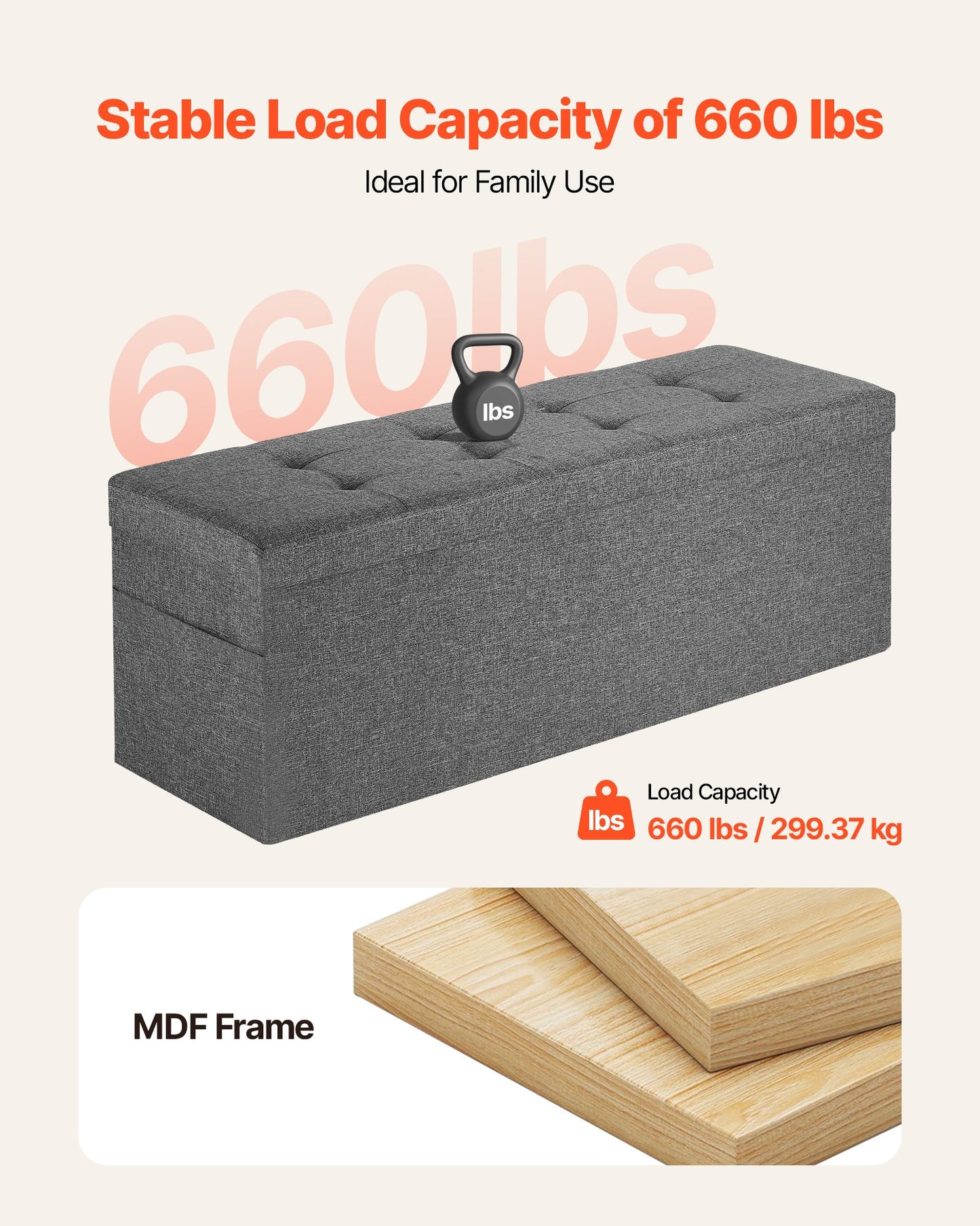 Foldable Storage Ottoman Bench – Large Capacity, Grey Linen Upholstered