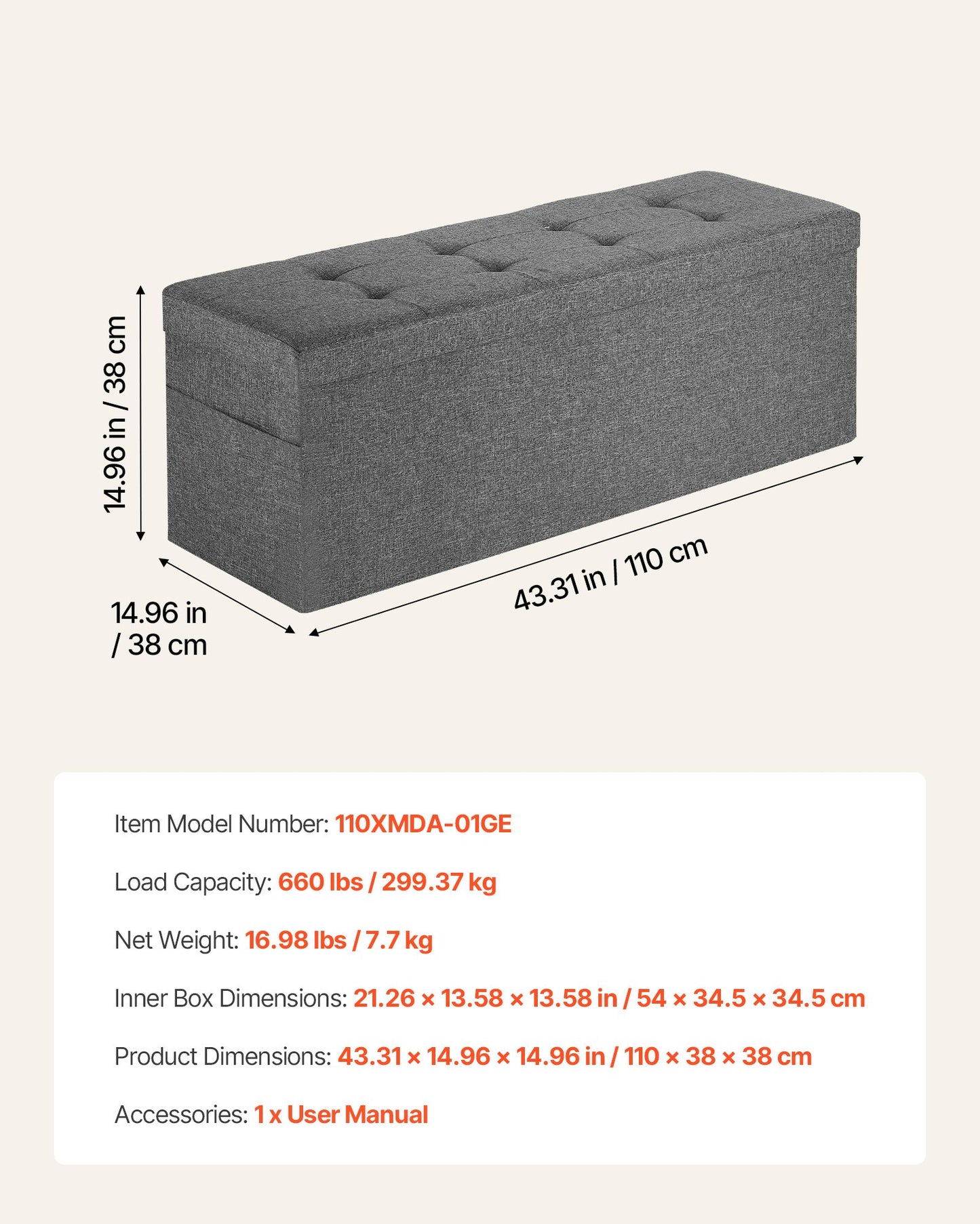 Foldable Storage Ottoman Bench – Large Capacity, Grey Linen Upholstered