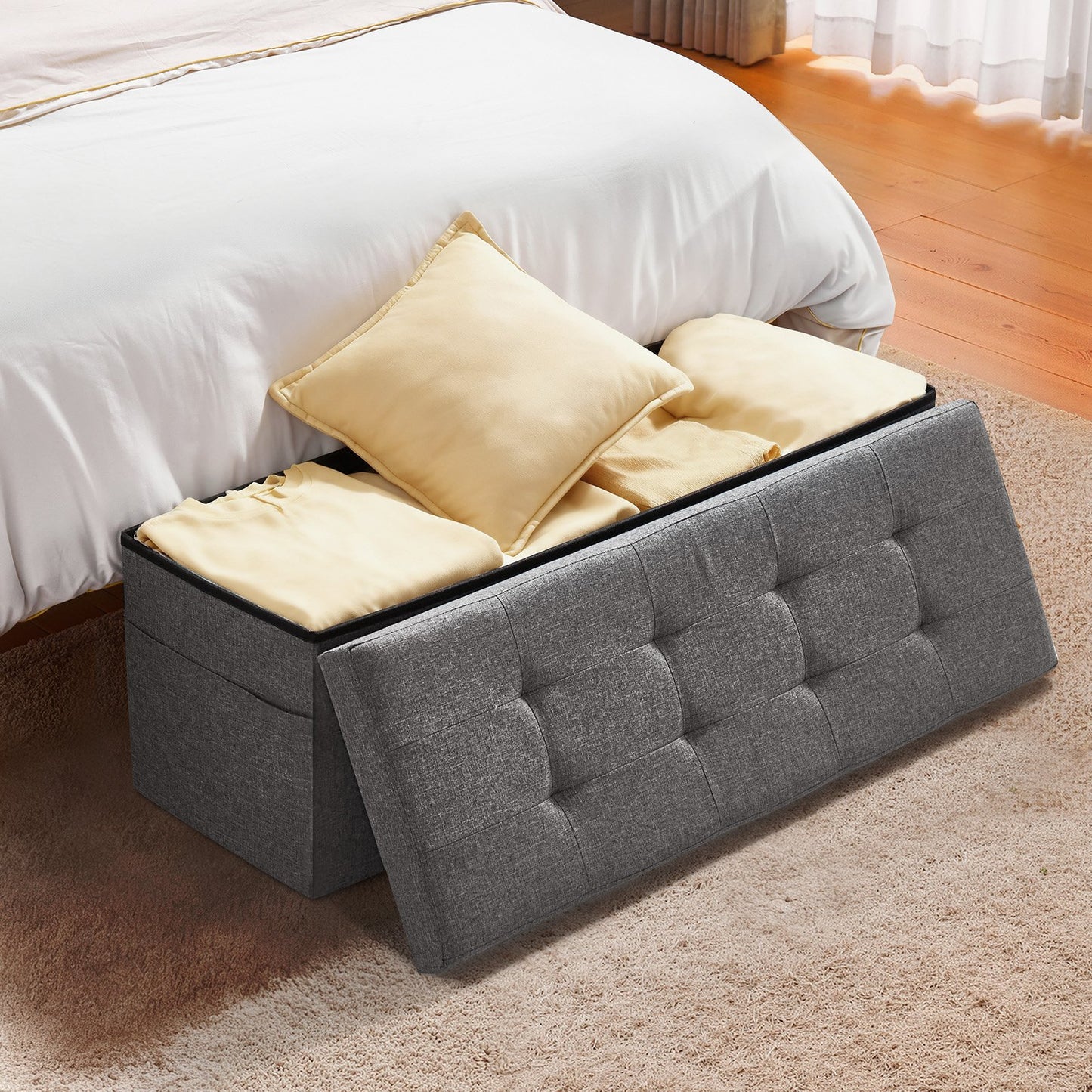 Foldable Storage Ottoman Bench – Large Capacity, Grey Linen Upholstered