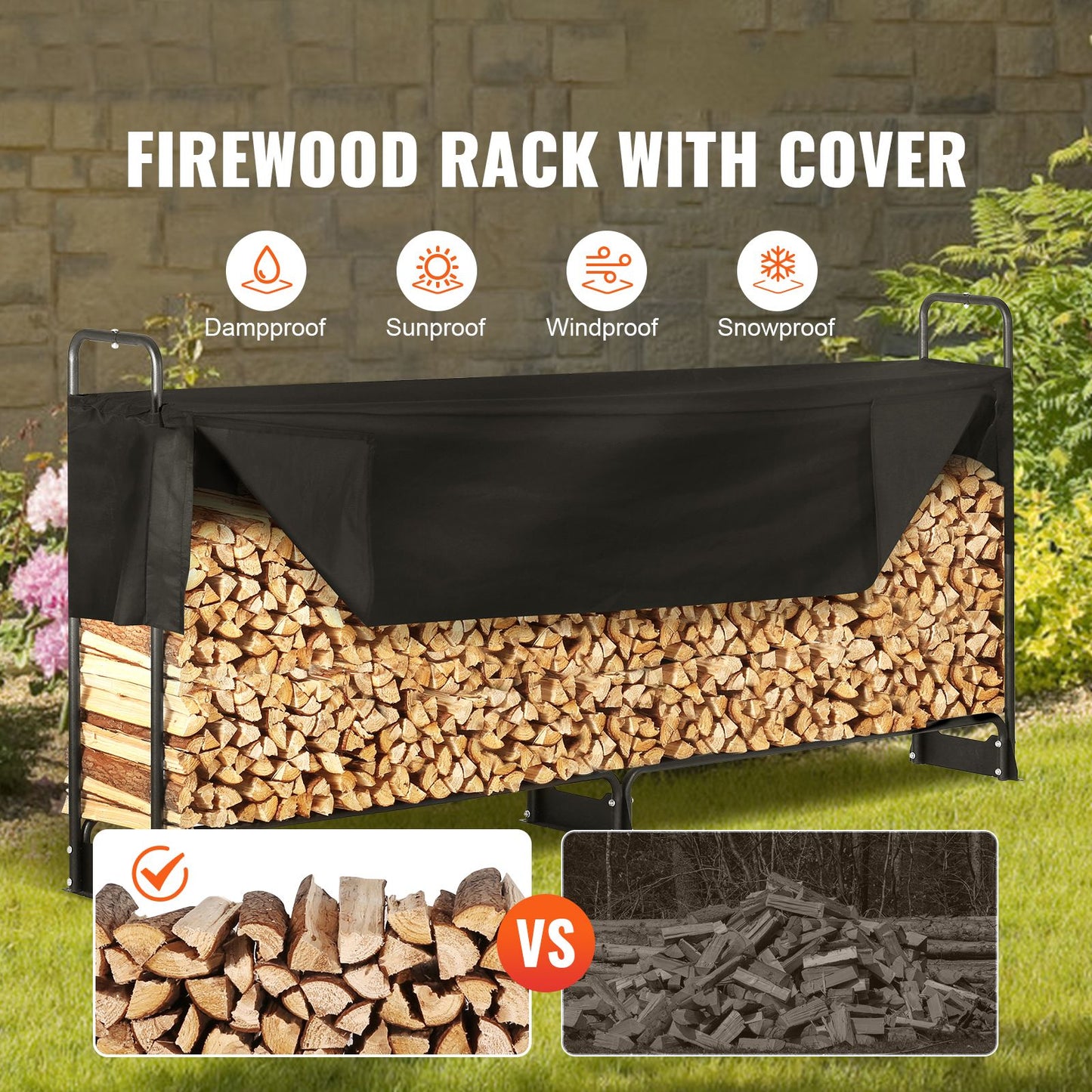 Firewood Rack with Waterproof Cover – Half-Cord Capacity, Powder-Coated Steel, Outdoor Wood Storage