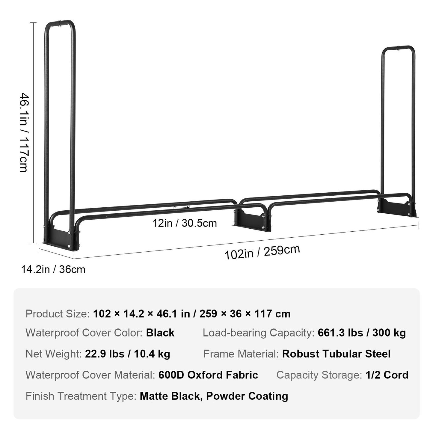 Firewood Rack with Waterproof Cover – Half-Cord Capacity, Powder-Coated Steel, Outdoor Wood Storage