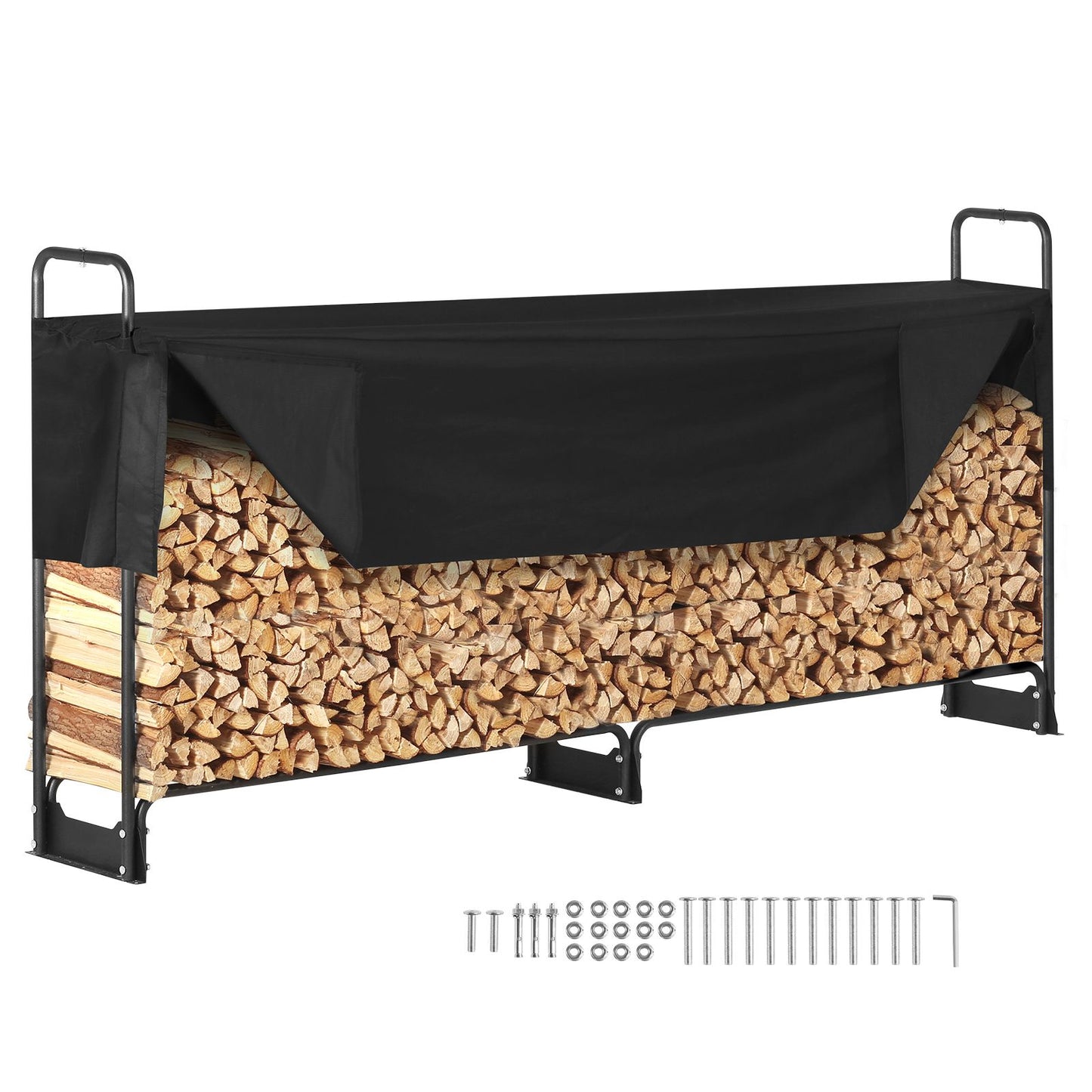 Firewood Rack with Waterproof Cover – Half-Cord Capacity, Powder-Coated Steel, Outdoor Wood Storage