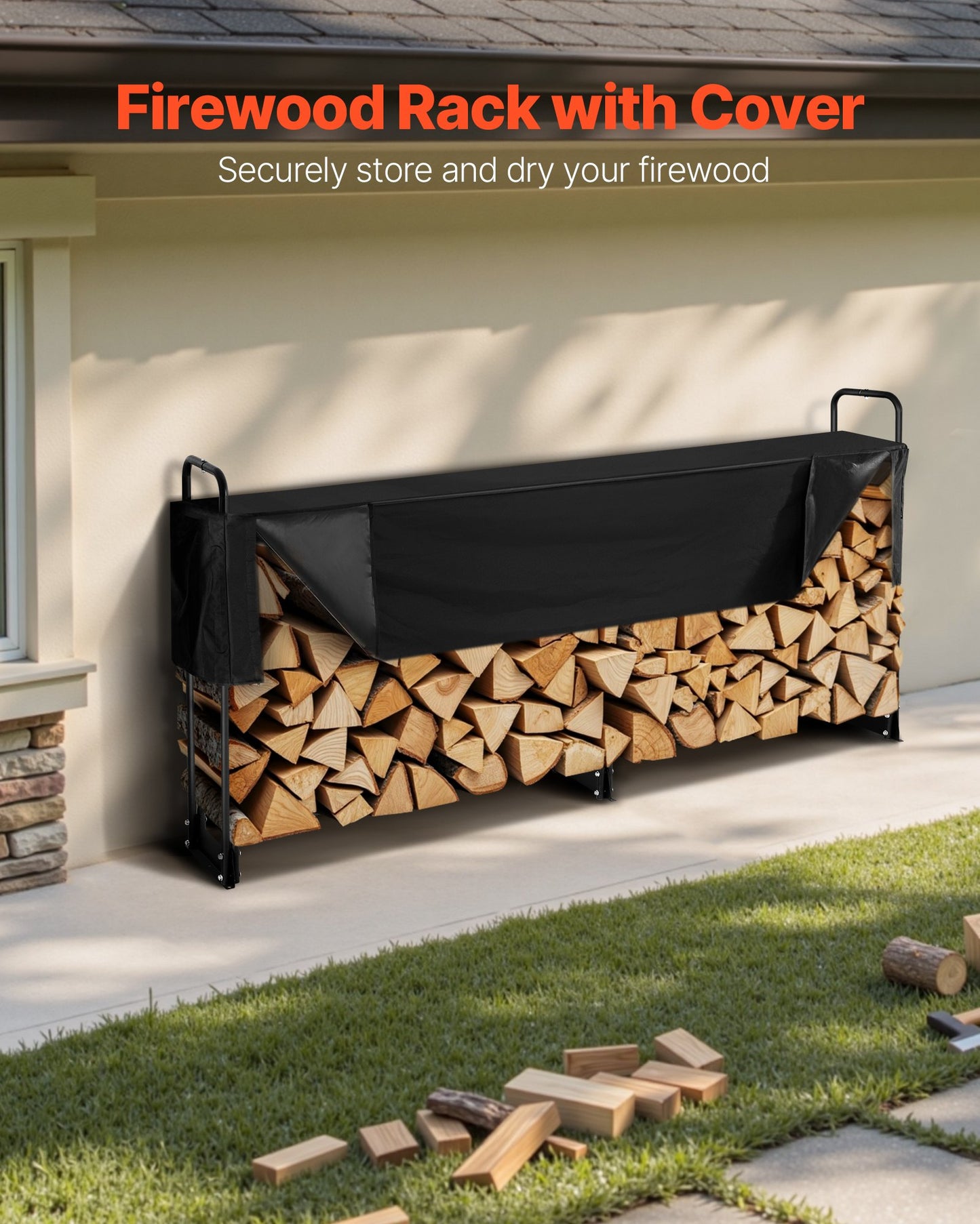 Firewood Rack with Waterproof Cover – Half-Cord Capacity, Powder-Coated Steel, Outdoor Wood Storage