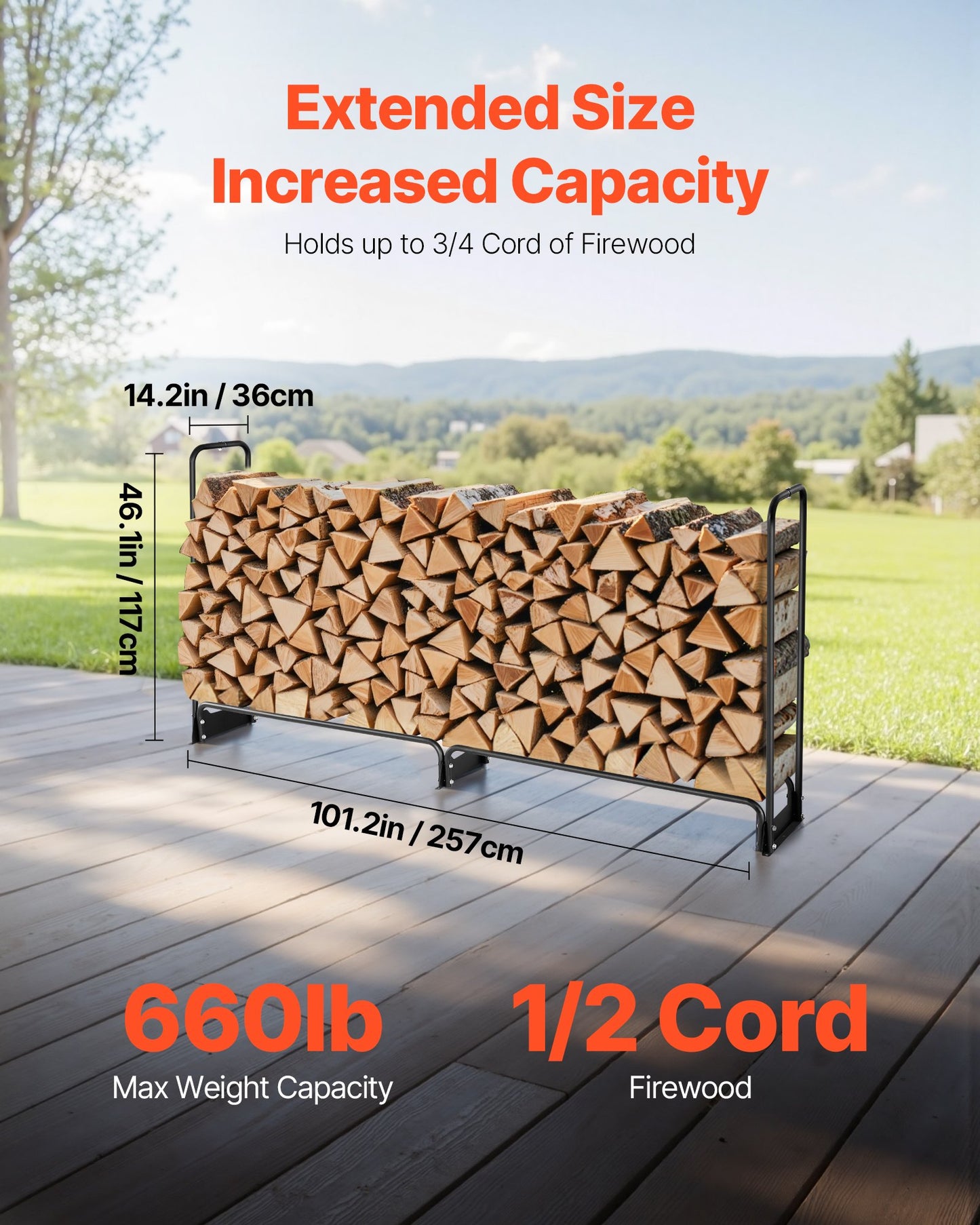 Firewood Rack with Waterproof Cover – Half-Cord Capacity, Powder-Coated Steel, Outdoor Wood Storage