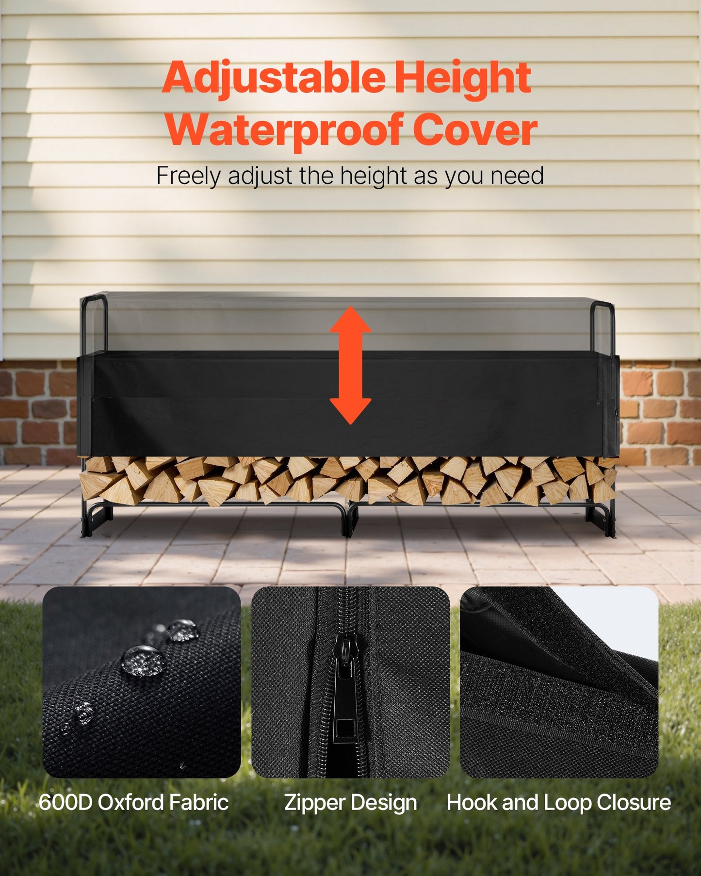 Firewood Rack with Waterproof Cover – Half-Cord Capacity, Powder-Coated Steel, Outdoor Wood Storage