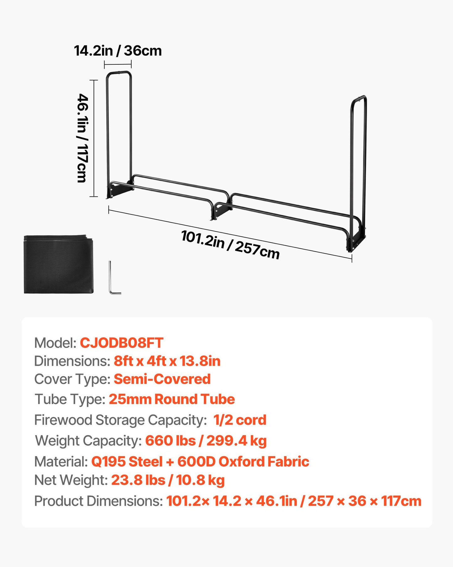 Firewood Rack with Waterproof Cover – Half-Cord Capacity, Powder-Coated Steel, Outdoor Wood Storage