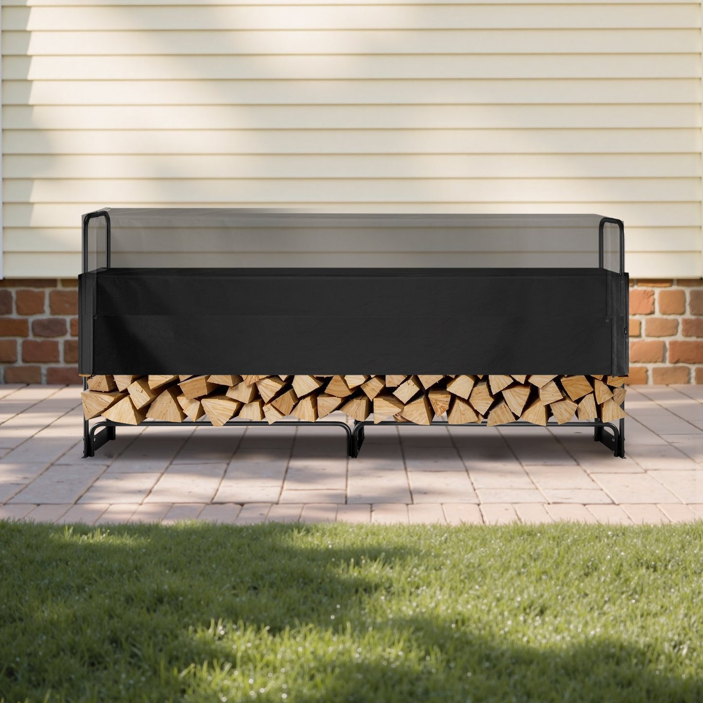 Firewood Rack with Waterproof Cover – Half-Cord Capacity, Powder-Coated Steel, Outdoor Wood Storage