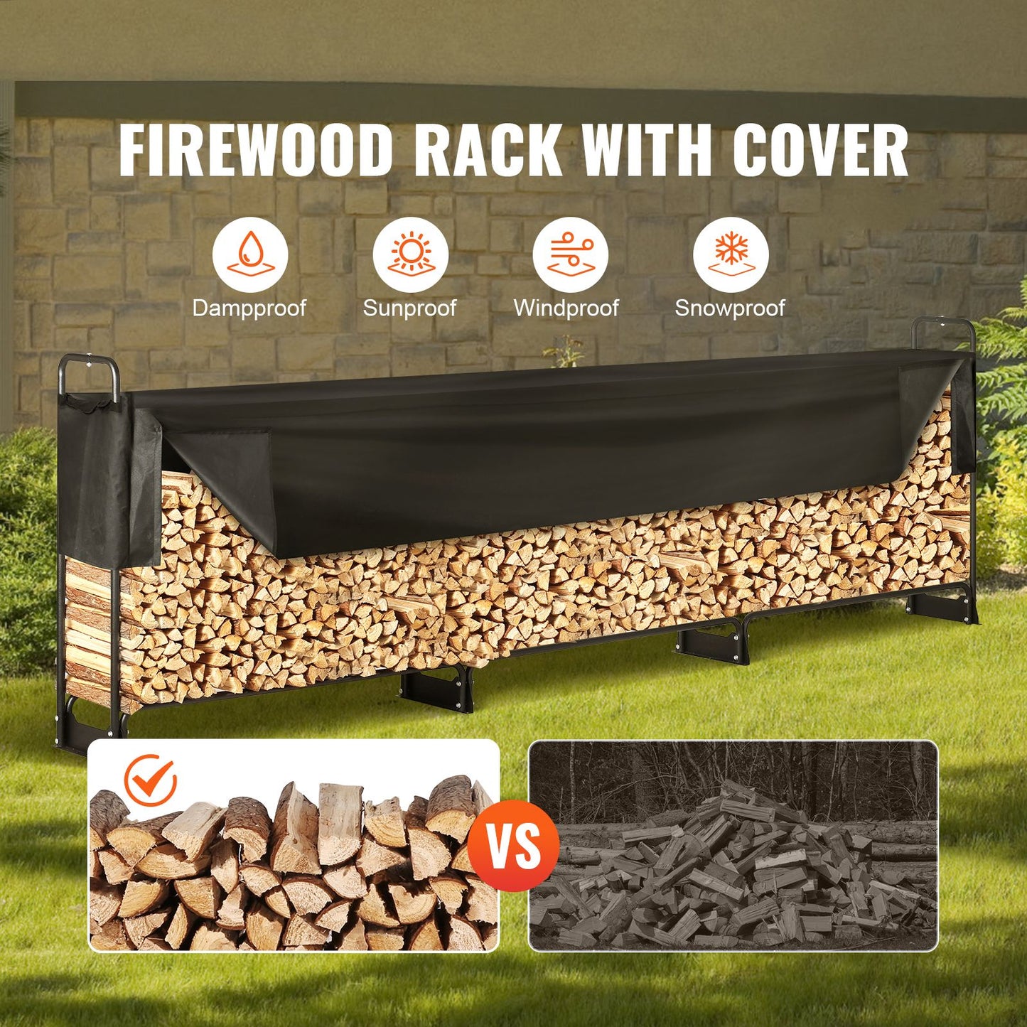 Firewood Rack with Waterproof Cover – Half-Cord Capacity, Powder-Coated Steel, Outdoor Wood Storage