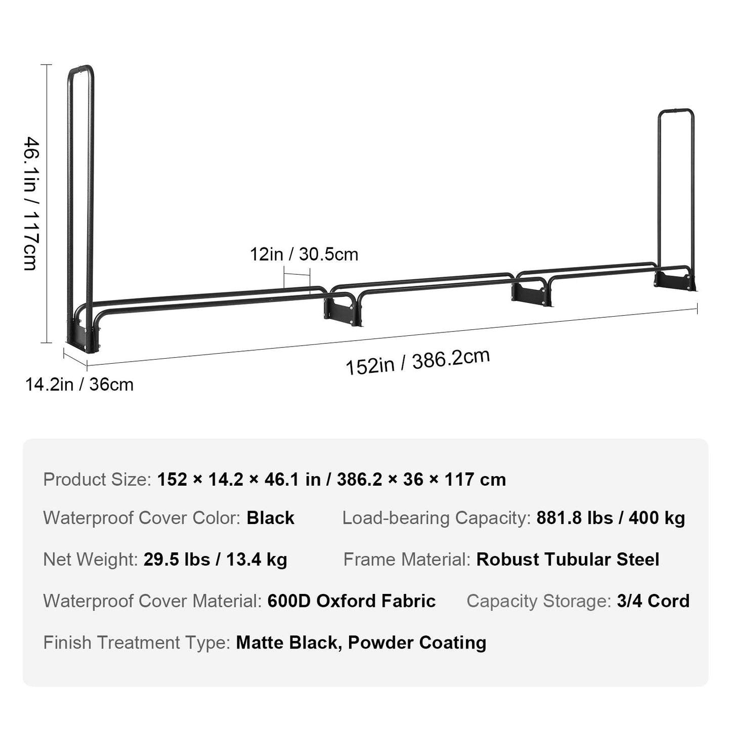 Firewood Rack with Waterproof Cover – Half-Cord Capacity, Powder-Coated Steel, Outdoor Wood Storage
