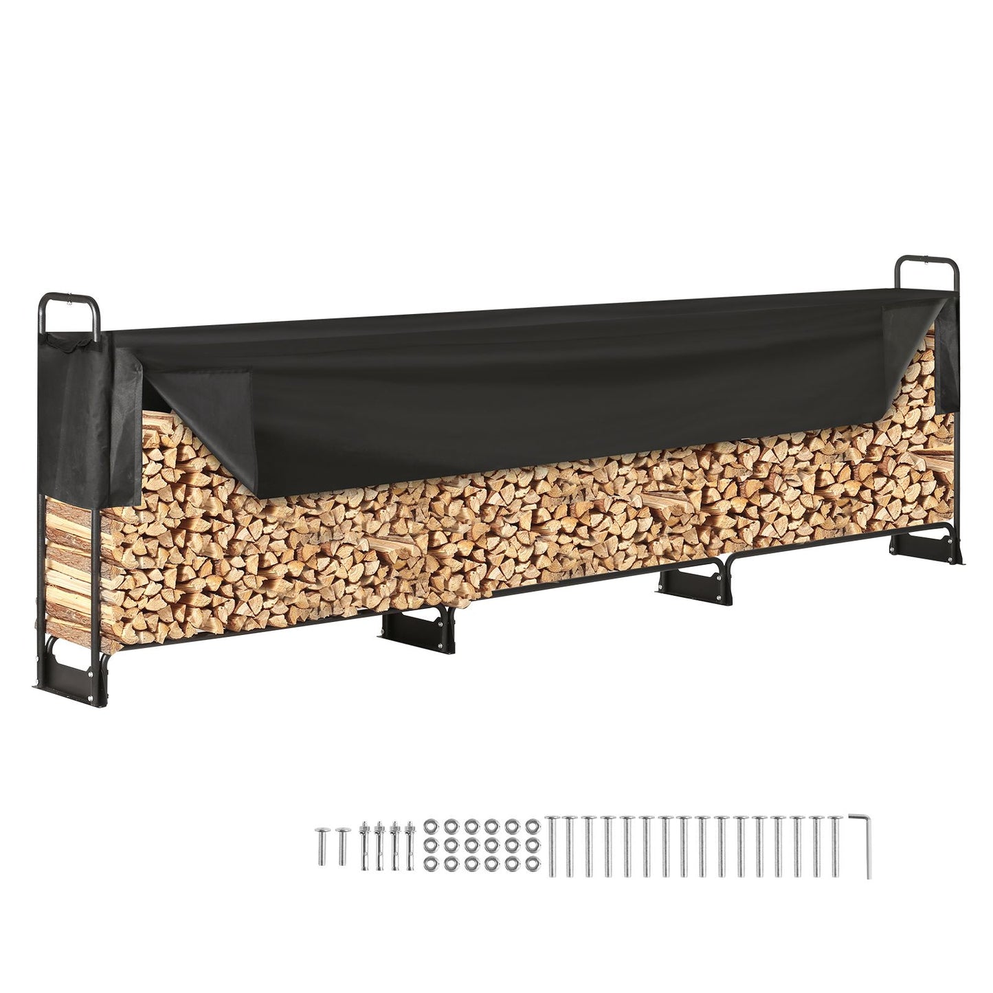 Firewood Rack with Waterproof Cover – Half-Cord Capacity, Powder-Coated Steel, Outdoor Wood Storage