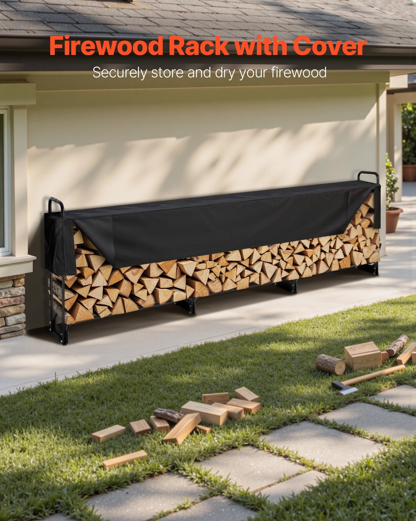 Firewood Rack with Waterproof Cover – Half-Cord Capacity, Powder-Coated Steel, Outdoor Wood Storage