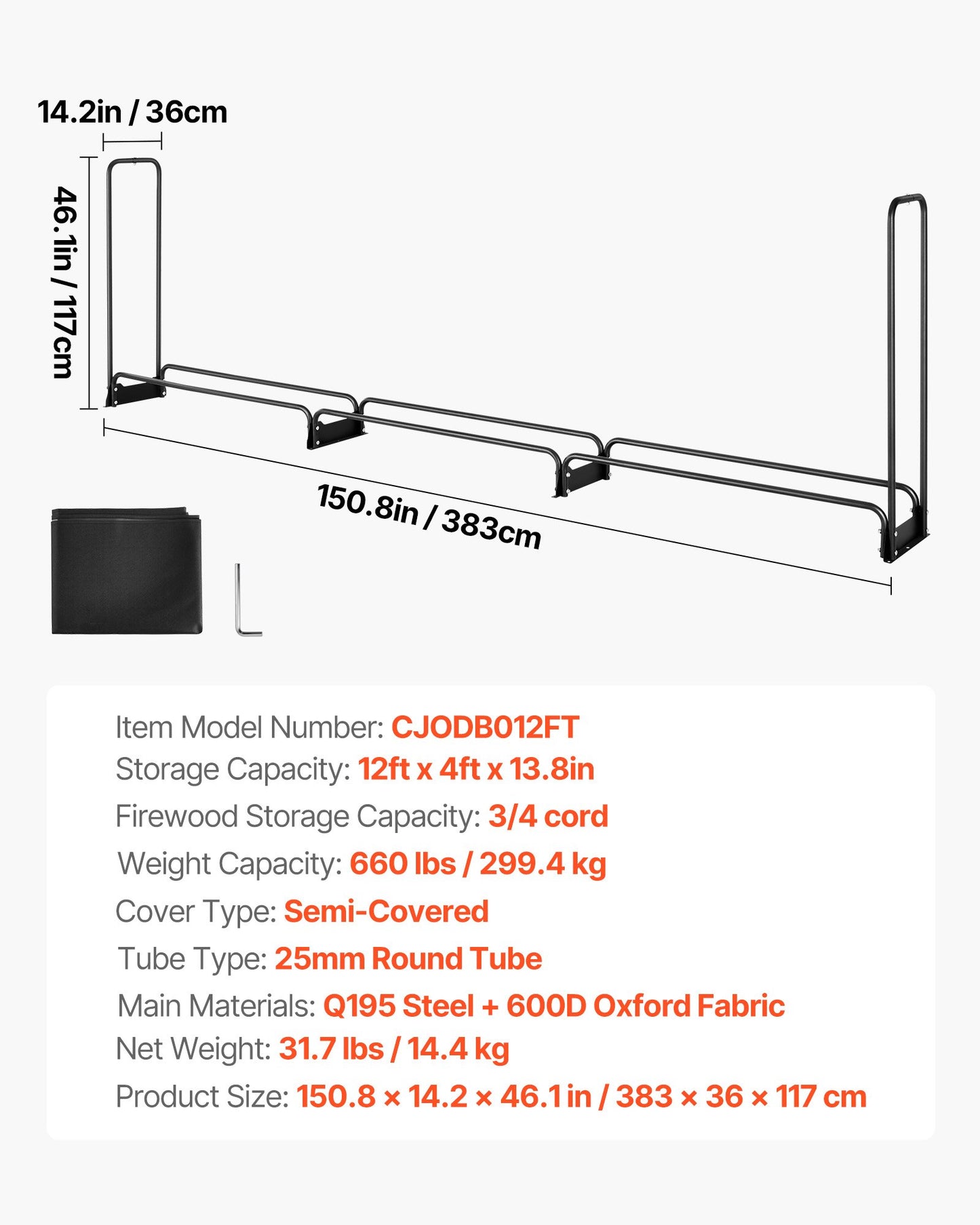 Firewood Rack with Waterproof Cover – Half-Cord Capacity, Powder-Coated Steel, Outdoor Wood Storage