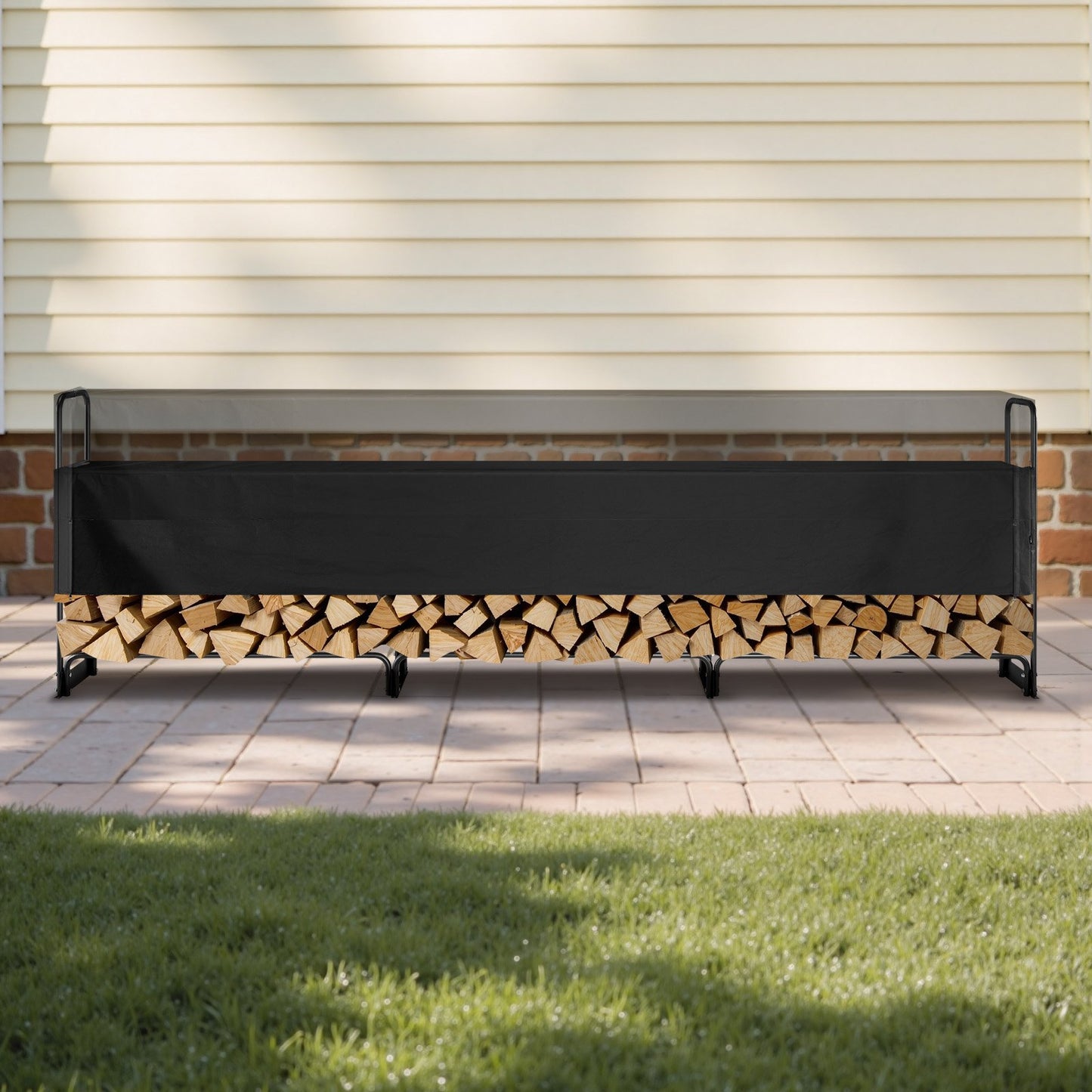 Firewood Rack with Waterproof Cover – Half-Cord Capacity, Powder-Coated Steel, Outdoor Wood Storage