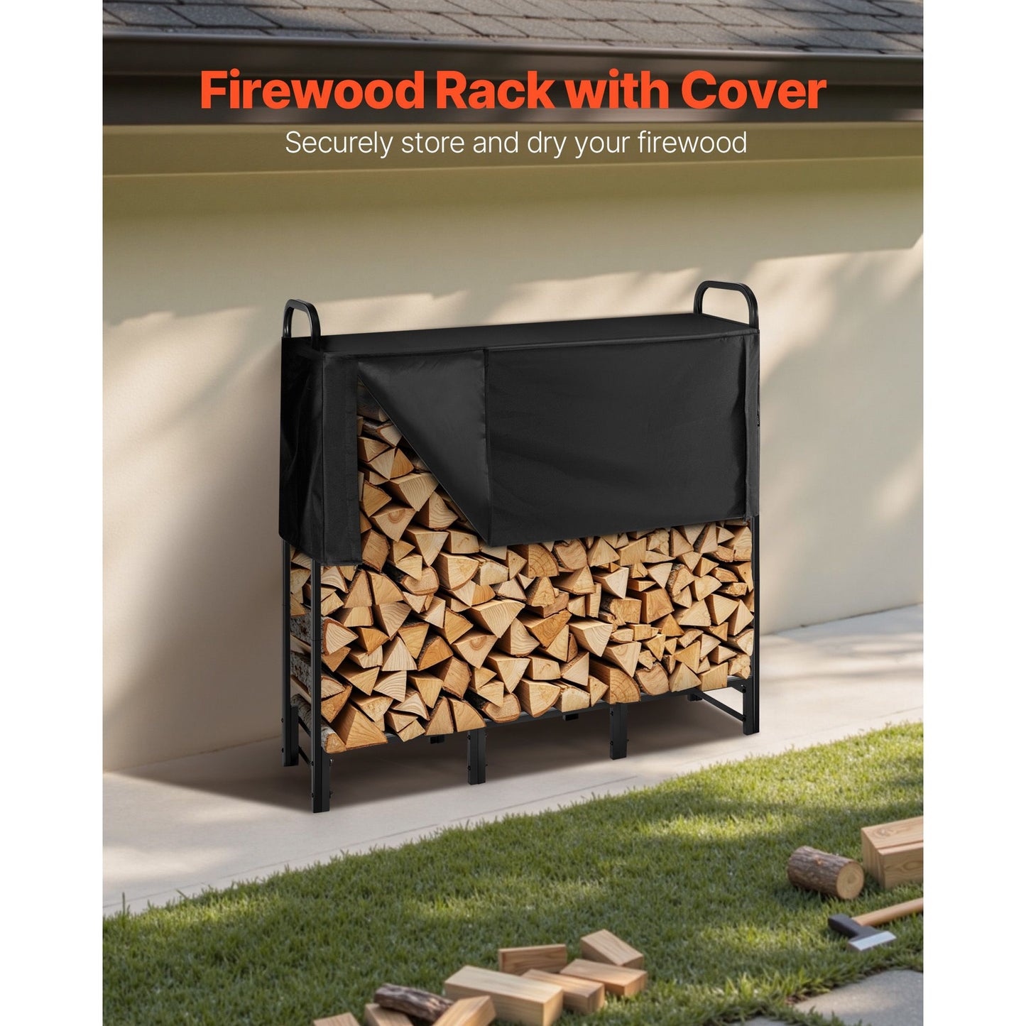 Firewood Rack with Waterproof Cover – 1/4 Cord Capacity, Powder-Coated Steel, 1.22m Outdoor Log Holder