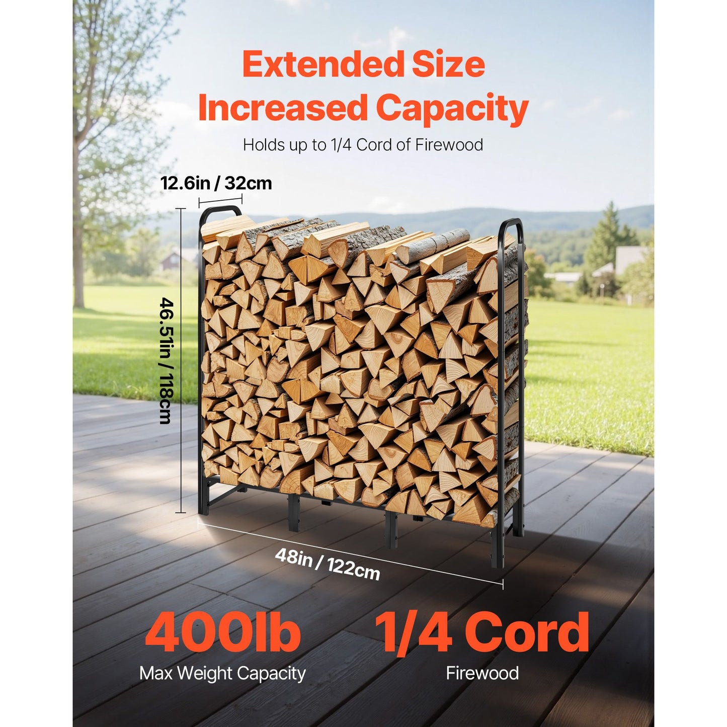 Firewood Rack with Waterproof Cover – 1/4 Cord Capacity, Powder-Coated Steel, 1.22m Outdoor Log Holder