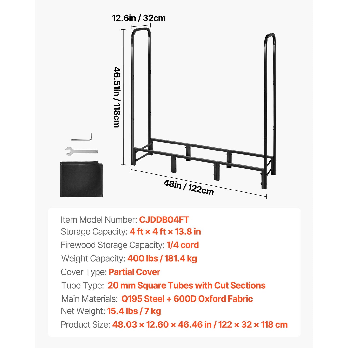 Firewood Rack with Waterproof Cover – 1/4 Cord Capacity, Powder-Coated Steel, 1.22m Outdoor Log Holder