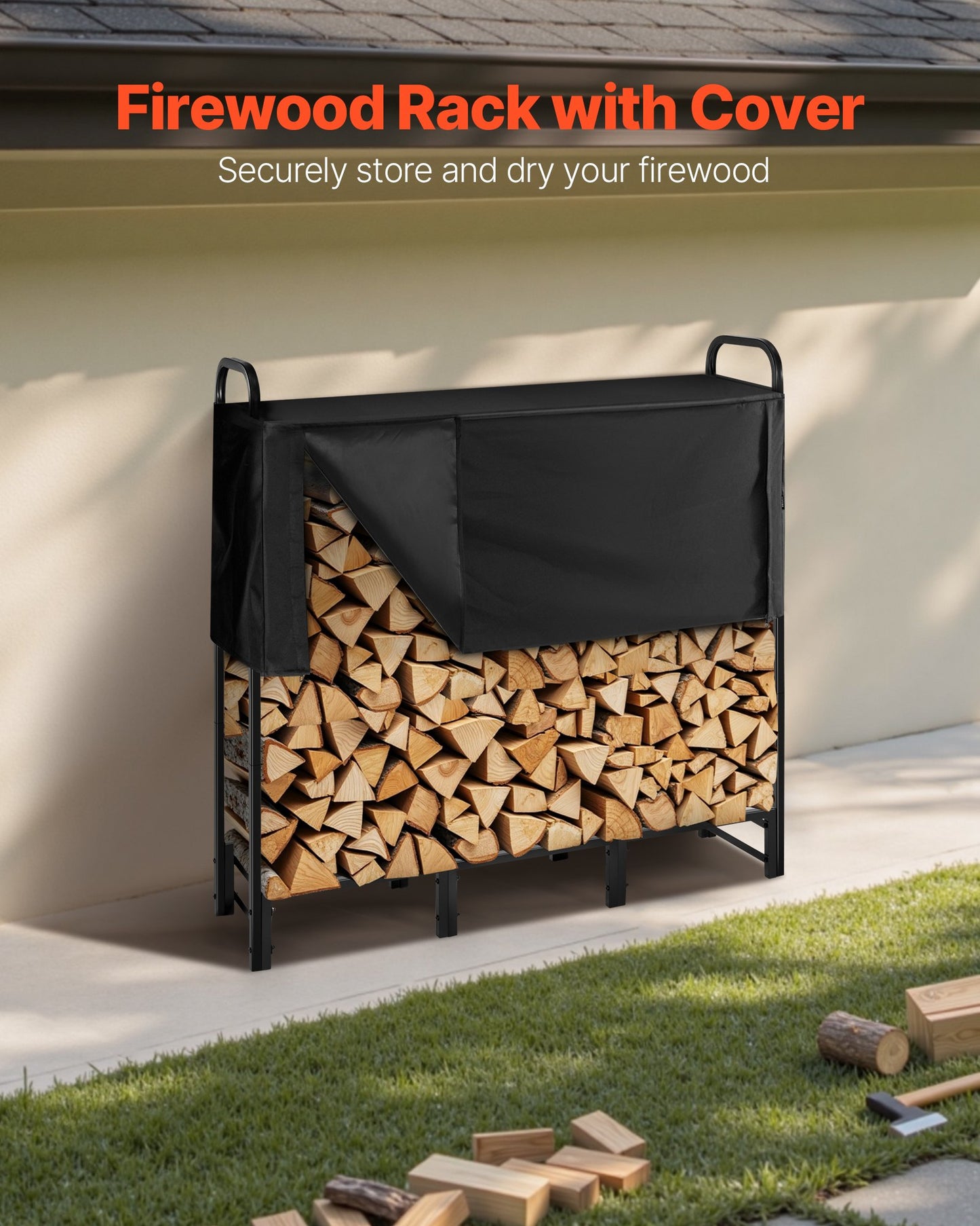 Firewood Rack with Waterproof Cover – 1/4 Cord Capacity, Powder-Coated Steel, 1.22m Outdoor Log Holder