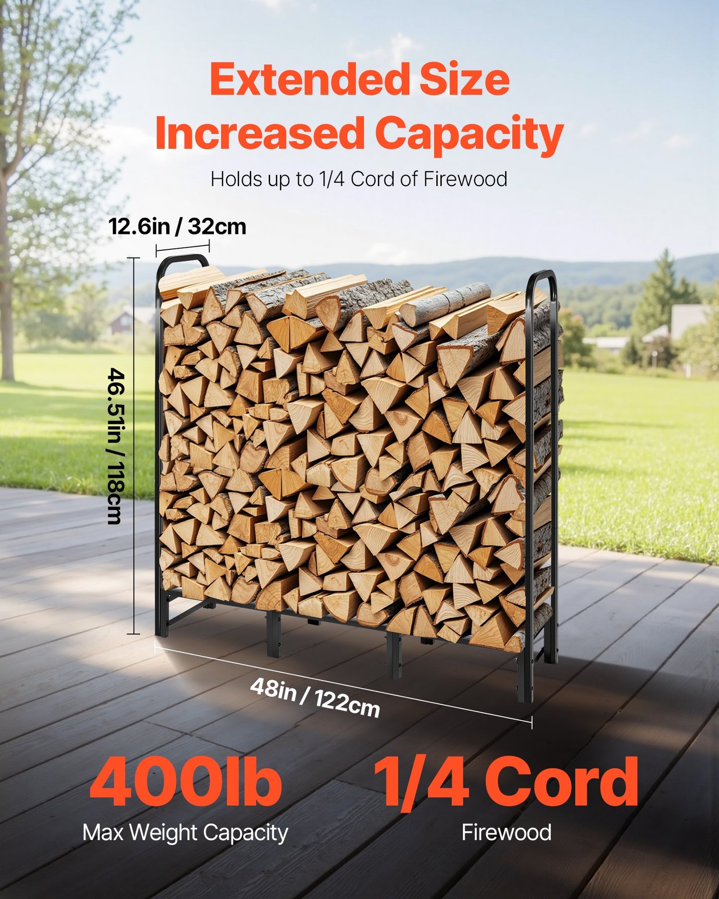 Firewood Rack with Waterproof Cover – 1/4 Cord Capacity, Powder-Coated Steel, 1.22m Outdoor Log Holder