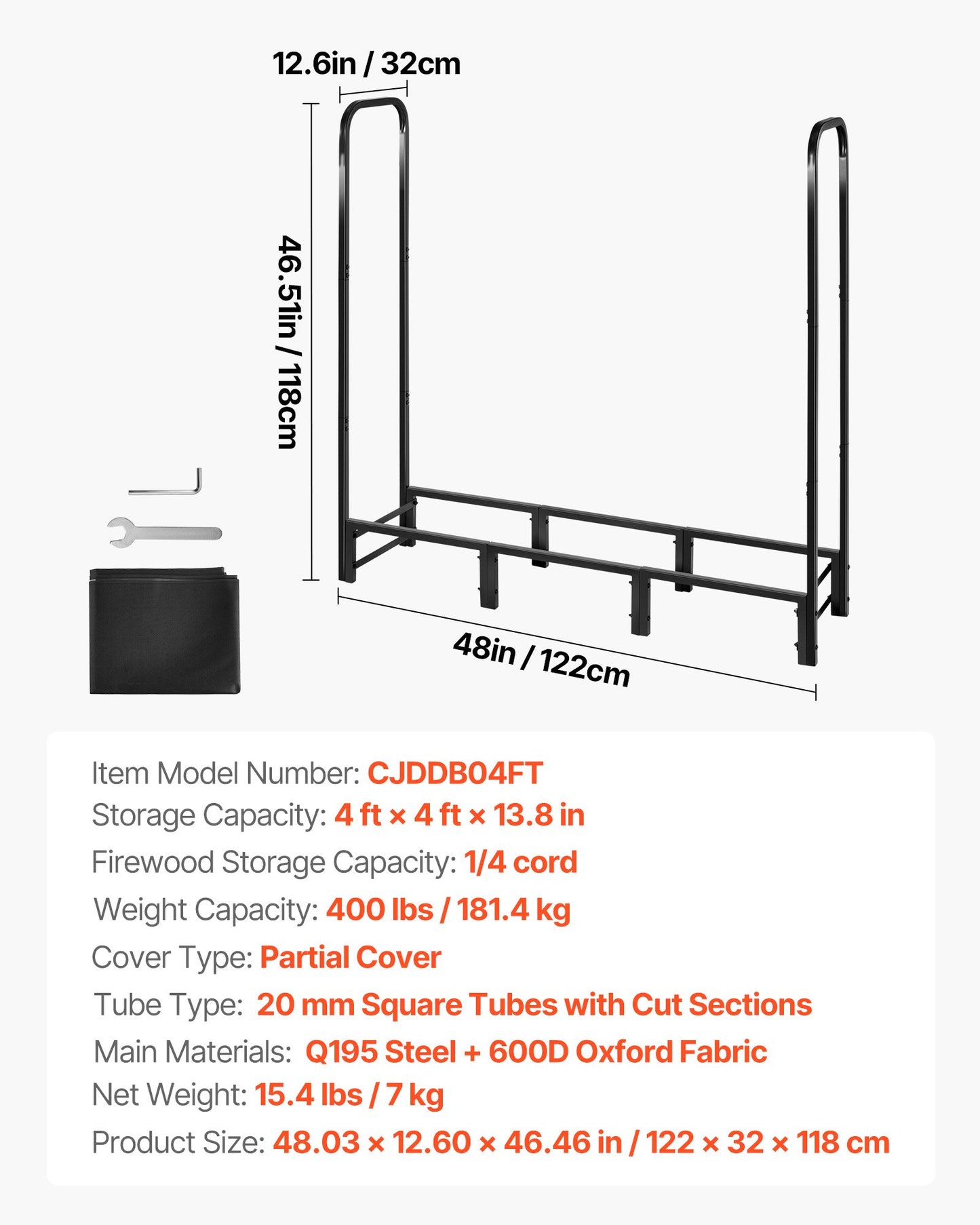 Firewood Rack with Waterproof Cover – 1/4 Cord Capacity, Powder-Coated Steel, 1.22m Outdoor Log Holder