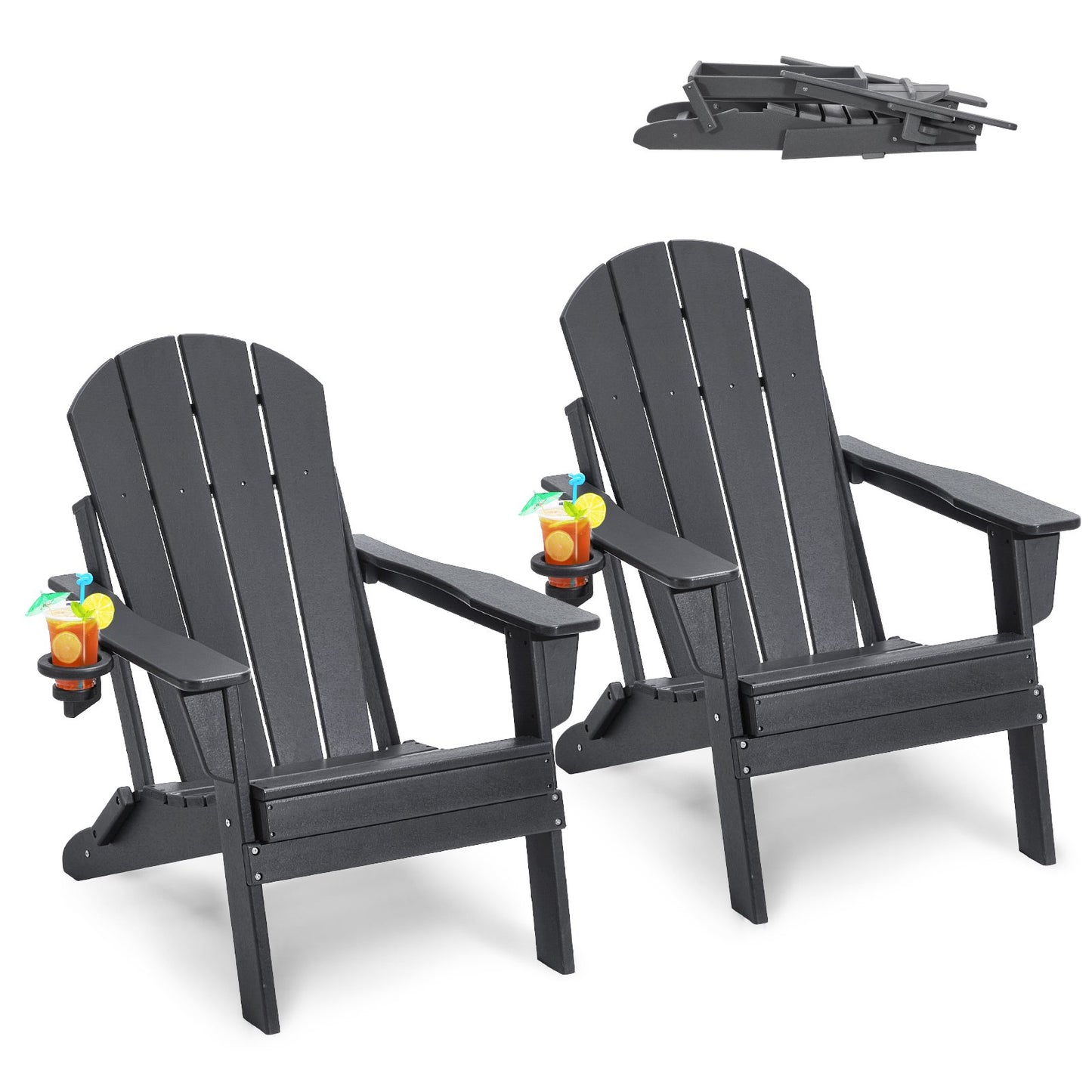 Adirondack Folding Chair Set – All-Weather Plastic with Cup Holder, Gray