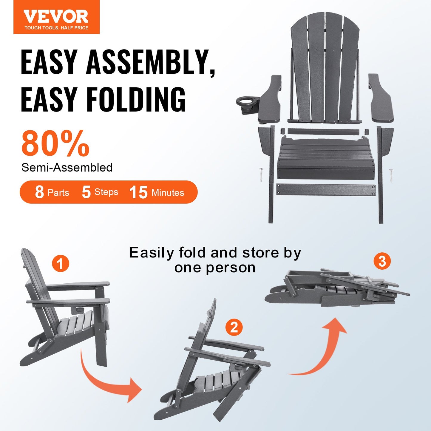 Adirondack Folding Chair Set – All-Weather Plastic with Cup Holder, Gray