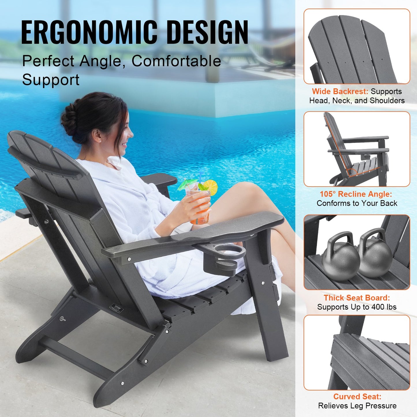 Adirondack Folding Chair Set – All-Weather Plastic with Cup Holder, Gray