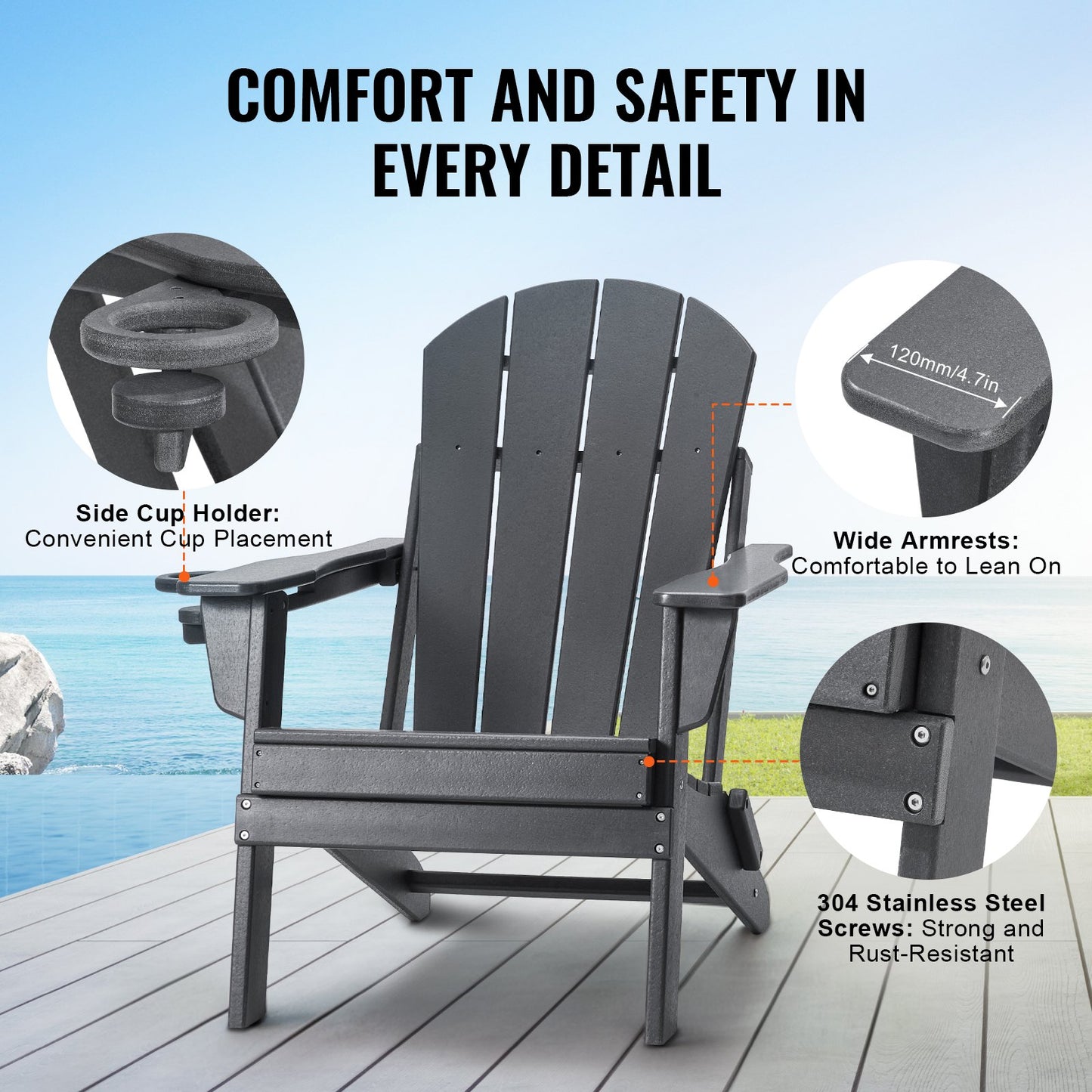 Adirondack Folding Chair Set – All-Weather Plastic with Cup Holder, Gray