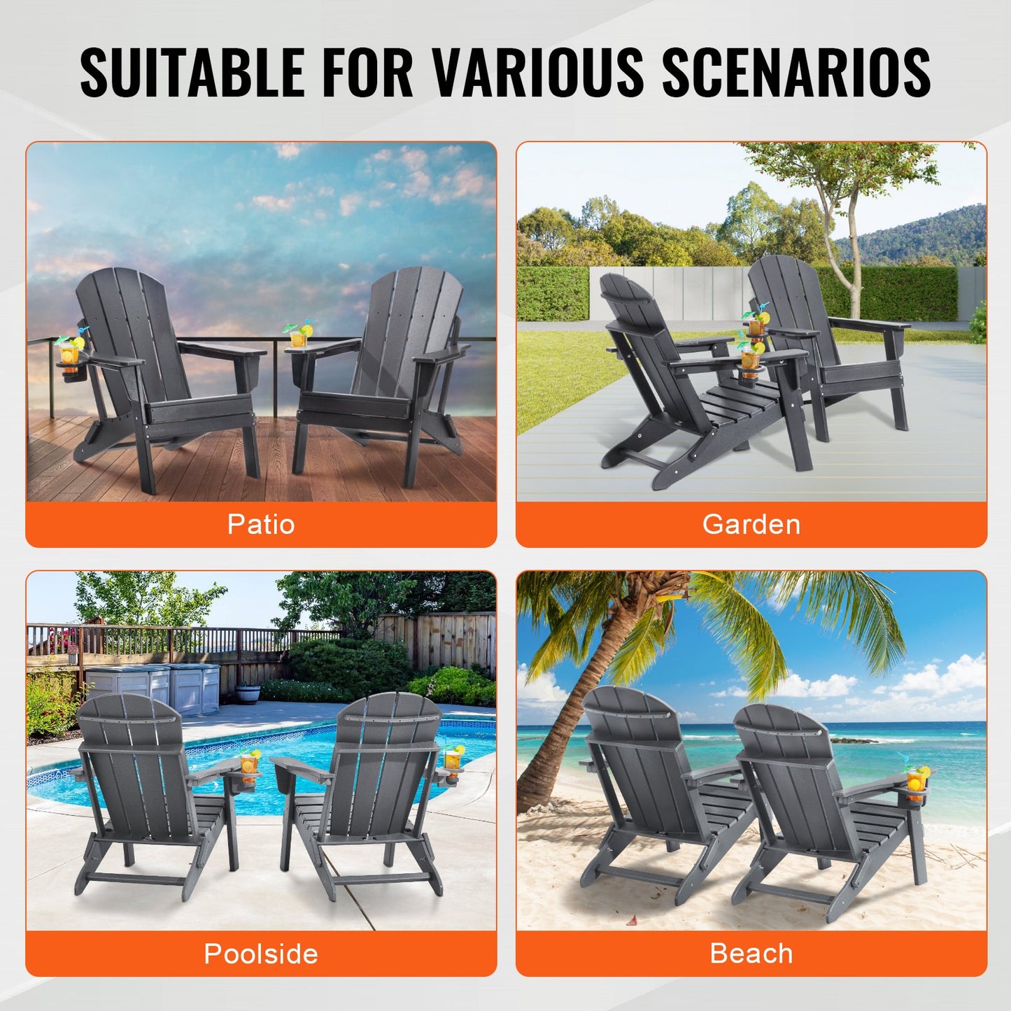 Adirondack Folding Chair Set – All-Weather Plastic with Cup Holder, Gray