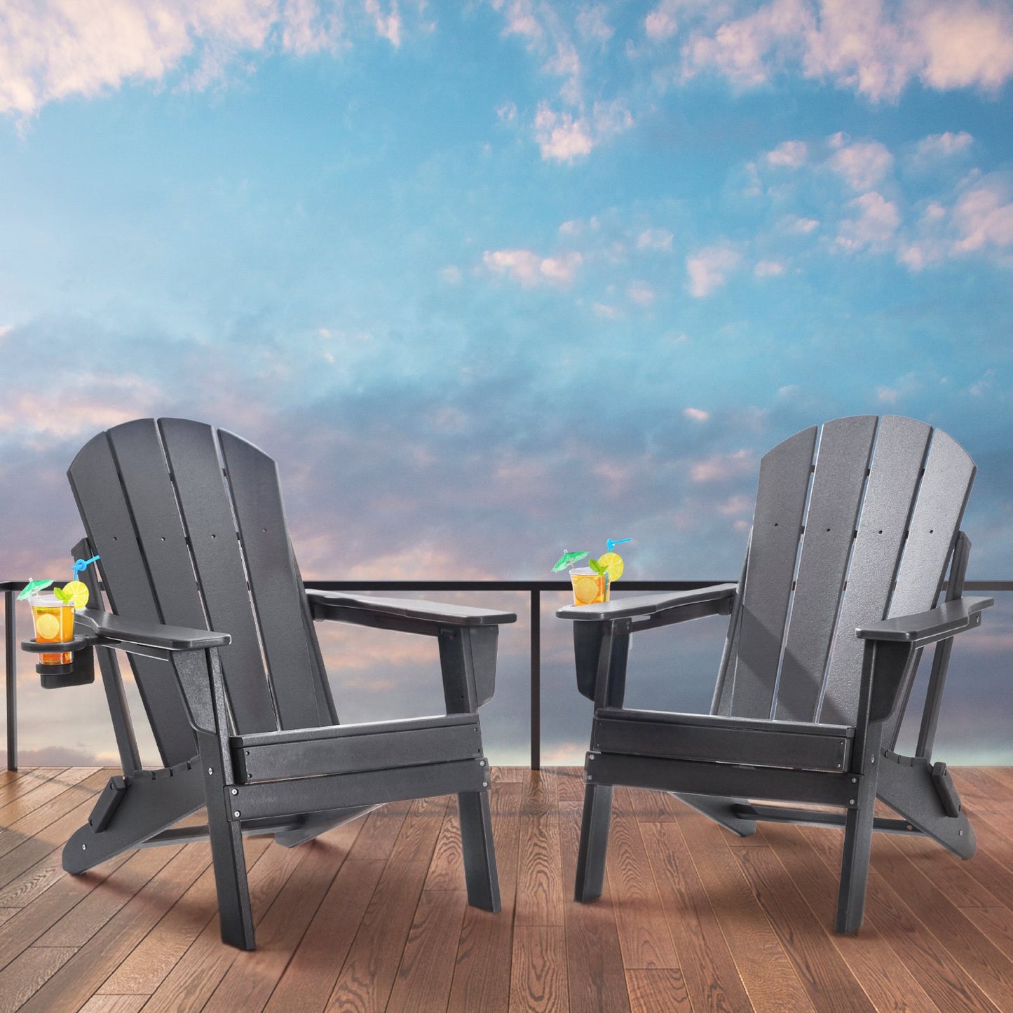 Adirondack Folding Chair Set – All-Weather Plastic with Cup Holder, Gray