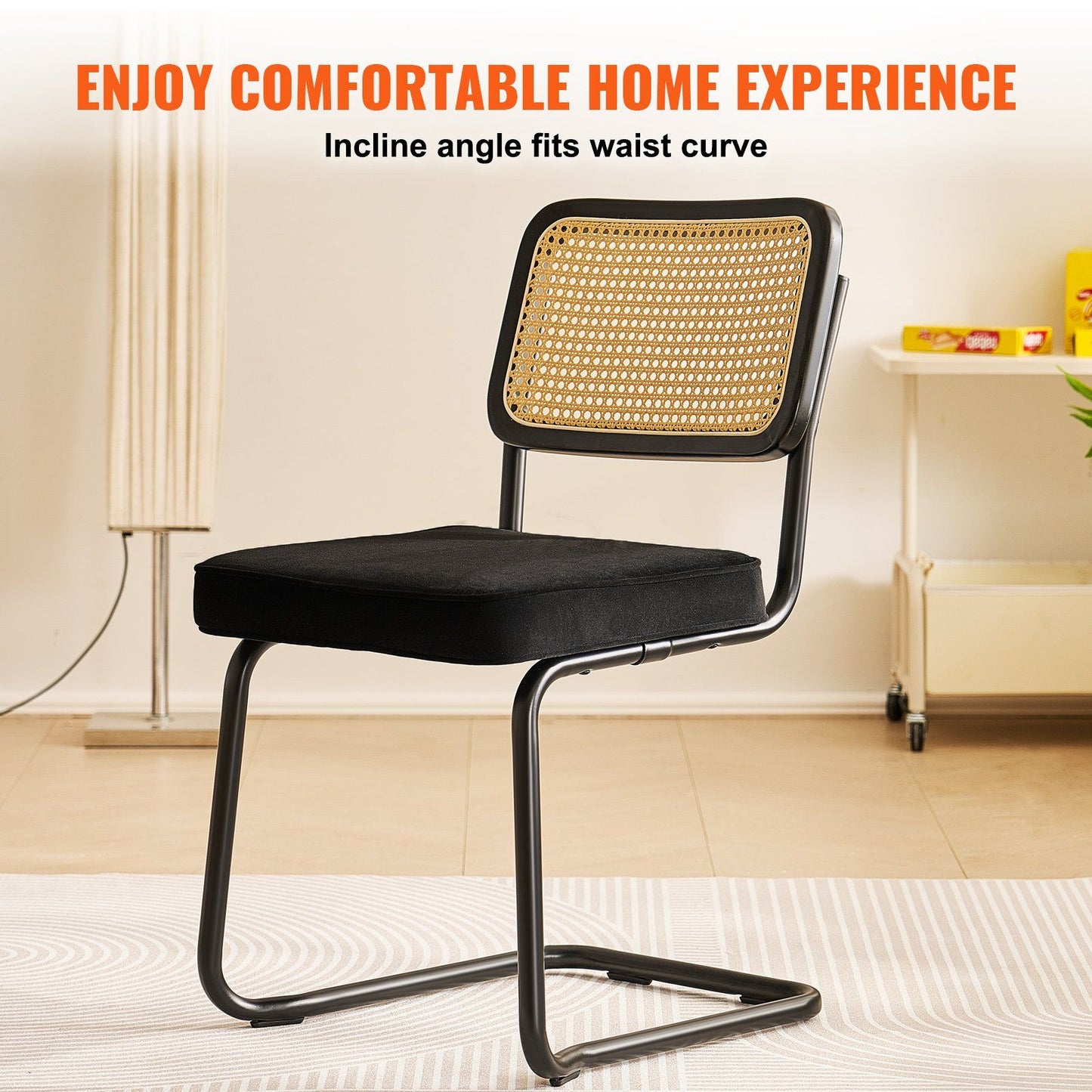 Rattan Chairs, Set of 4, Mid Century Modern Dining Chair, Upholstered Velvet Accent Chair with Rattan Back, Retro Dining Room Kitchen Chair for Living Room, Bedroom, Reading Room, Office, Black