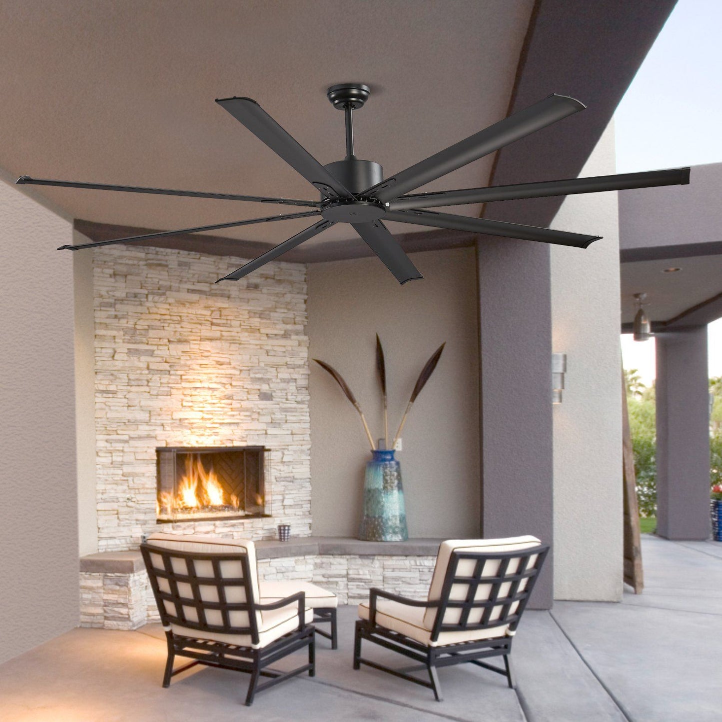 213 cm Ceiling Fan No Light, 6-Speed Remote Control, Aluminum 8-Blade, Reversible DC Motor, Modern Low Profile Flush Mount Exterior Fan for Bedroom, Living Room, Patio, Indoor/Outdoor, Black
