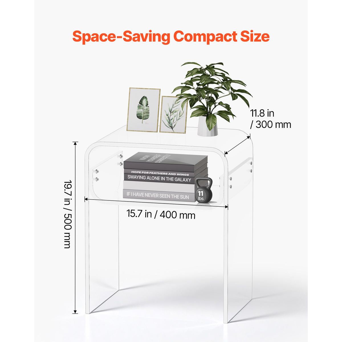 Acrylic Side Table, 2 Tiers Clear Bedside Table with Storage Shelf, Modern Rectangle Acrylic End Desk, Transparent Thick Nightstand for Bedroom, Living Room, Study, 30 x 40 x 50 cm (Clear)