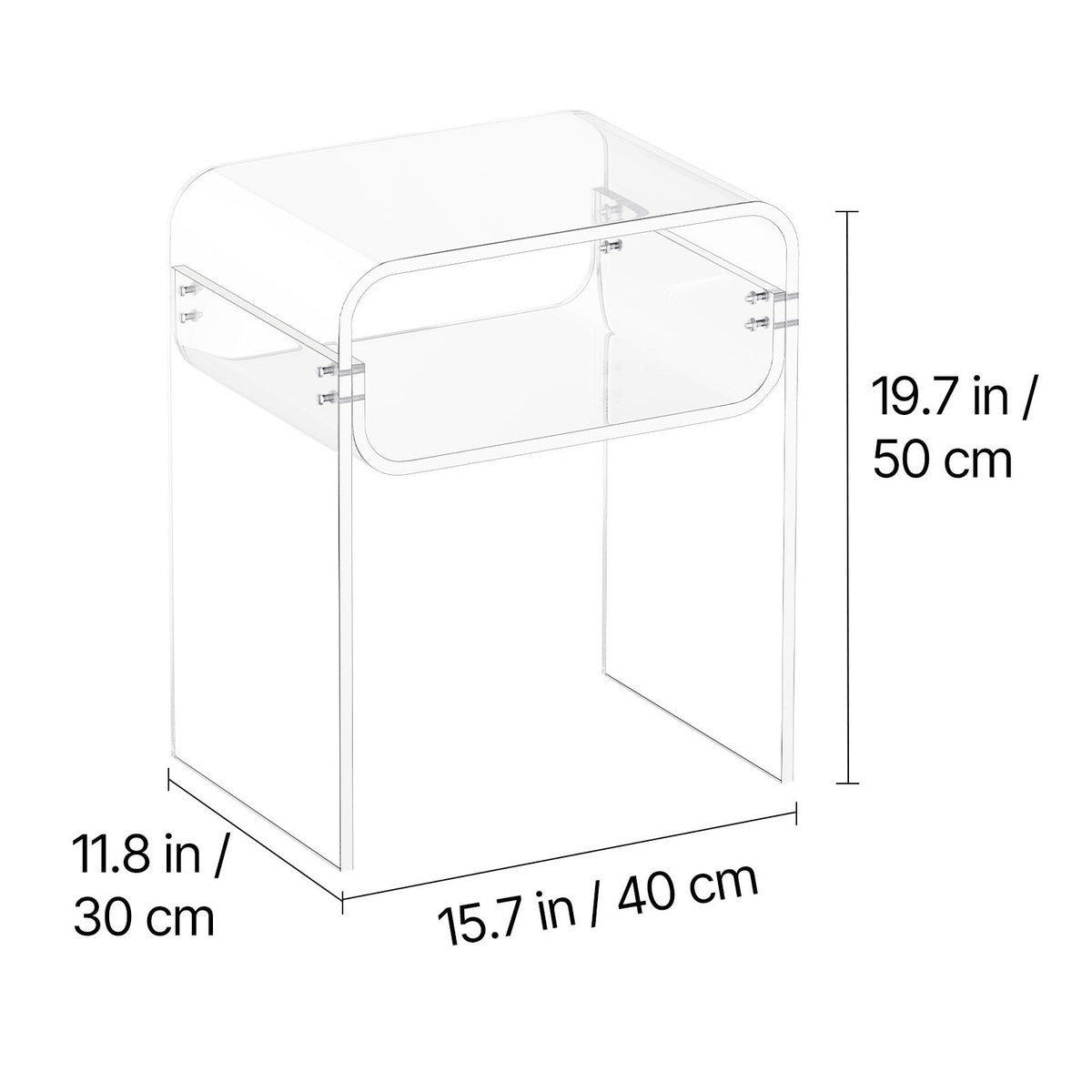 Acrylic Side Table, 2 Tiers Clear Bedside Table with Storage Shelf, Modern Rectangle Acrylic End Desk, Transparent Thick Nightstand for Bedroom, Living Room, Study, 30 x 40 x 50 cm (Clear)
