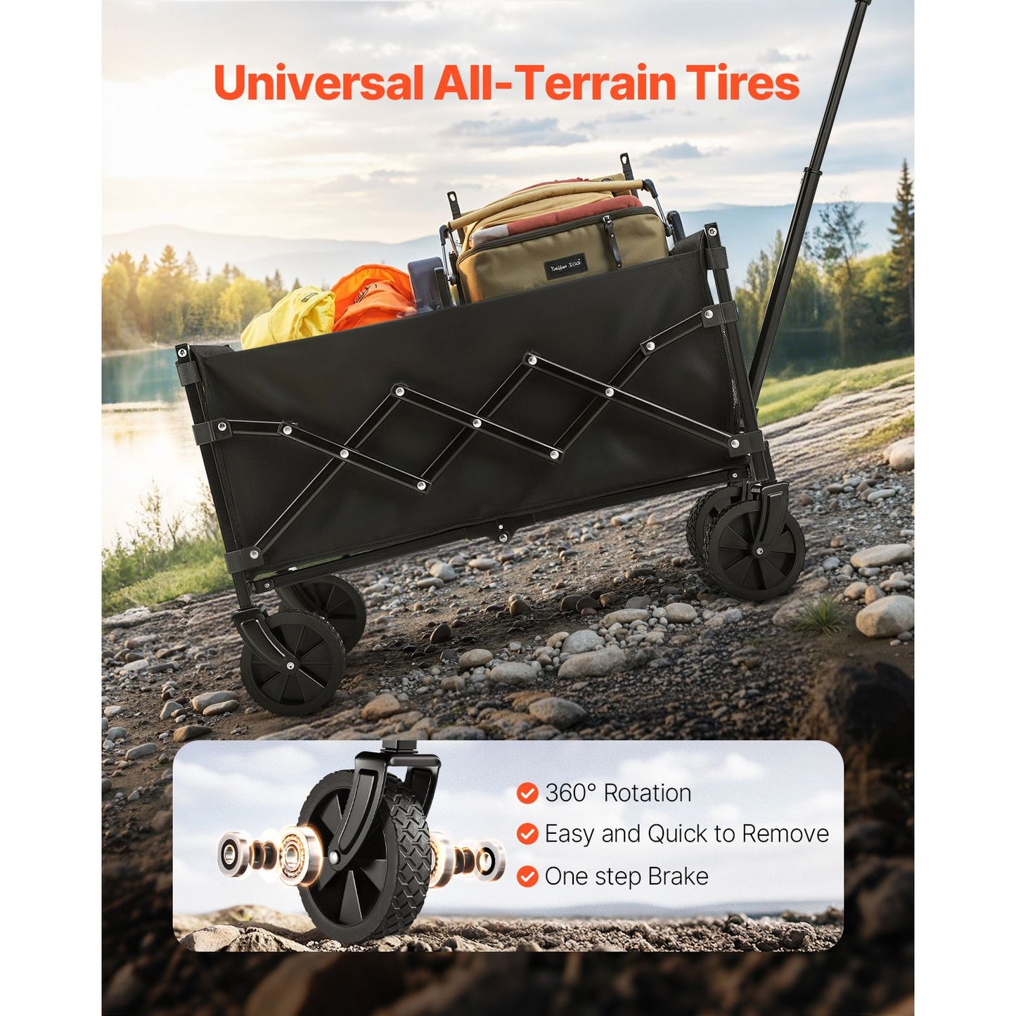 Collapsible Wagon – Heavy Duty 225 lbs, 120L, All-Terrain Wheels, Black