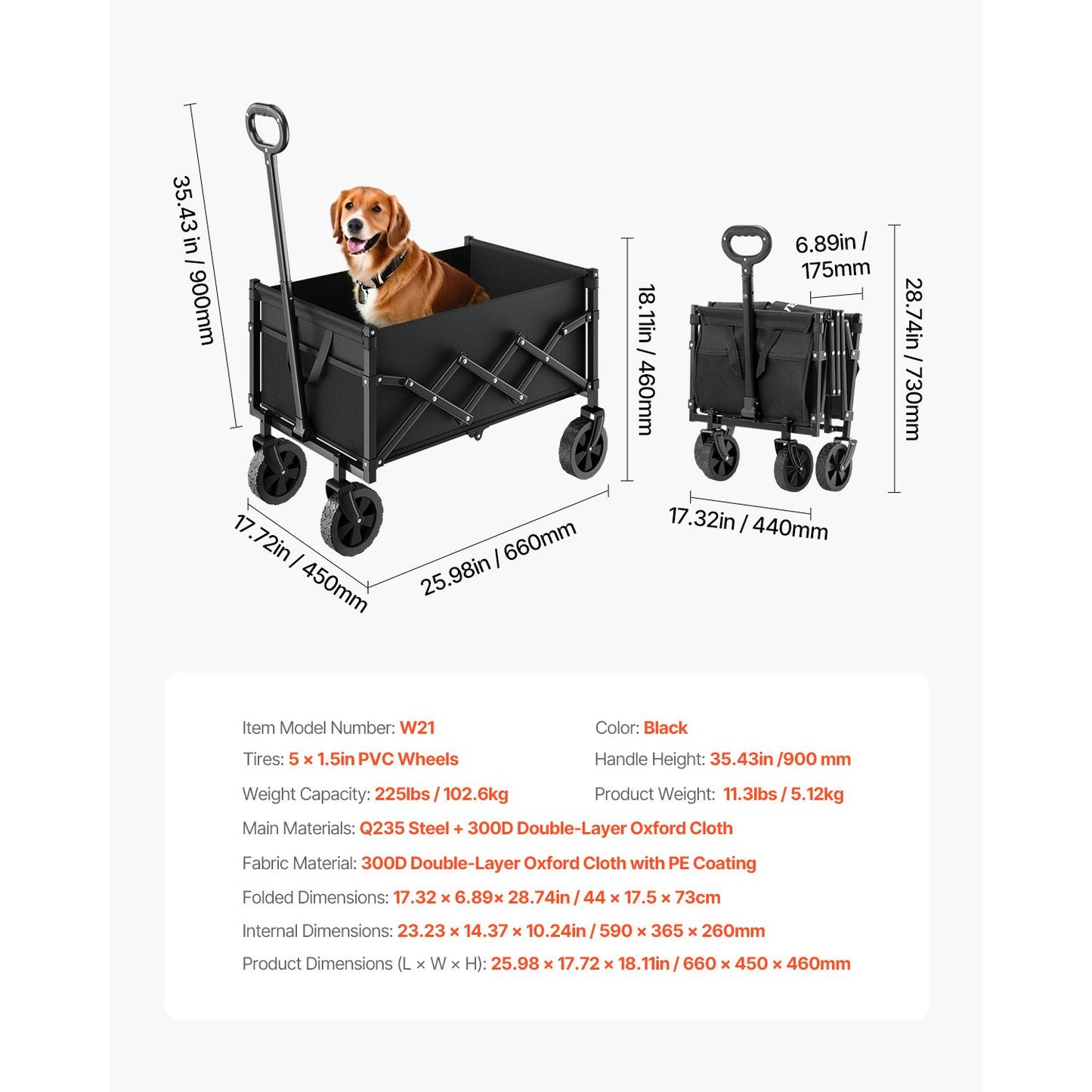 Collapsible Wagon – Heavy Duty 225 lbs, 120L, All-Terrain Wheels, Black
