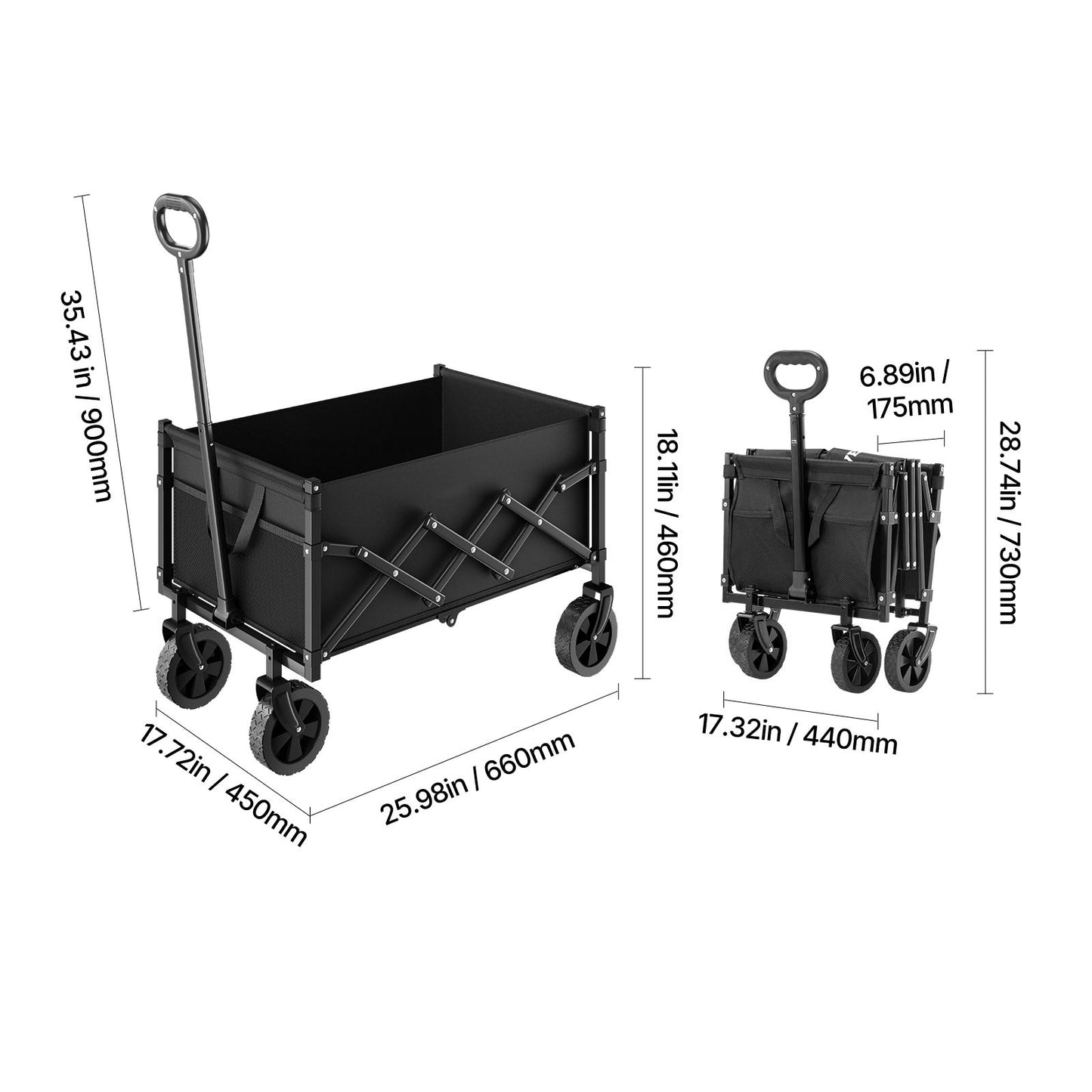 Collapsible Wagon – Heavy Duty 225 lbs, 120L, All-Terrain Wheels, Black