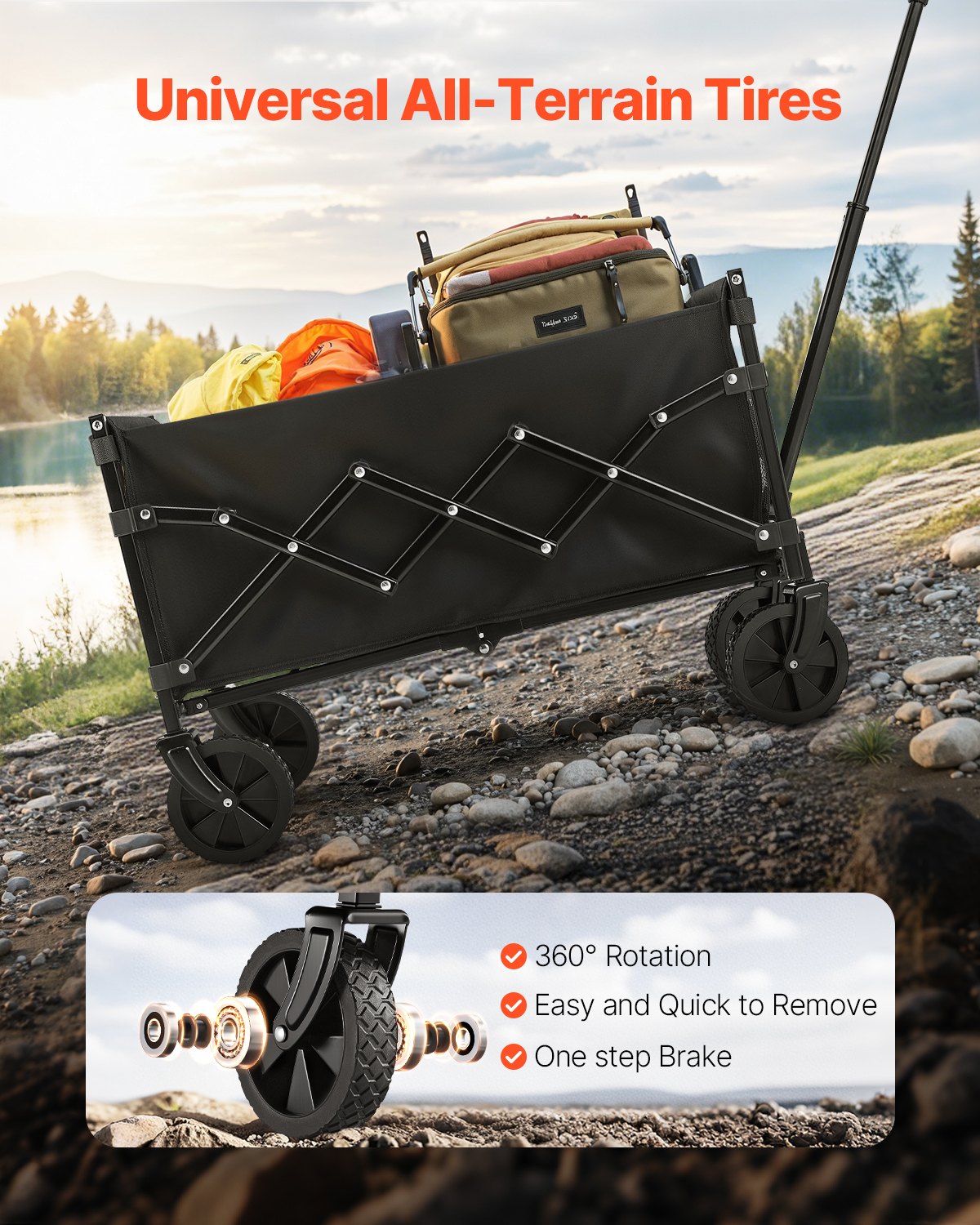 Collapsible Wagon – Heavy Duty 225 lbs, 120L, All-Terrain Wheels, Black