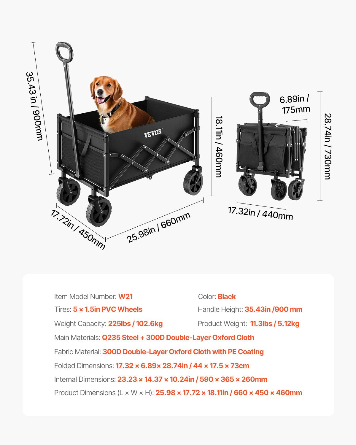 Collapsible Wagon – Heavy Duty 225 lbs, 120L, All-Terrain Wheels, Black