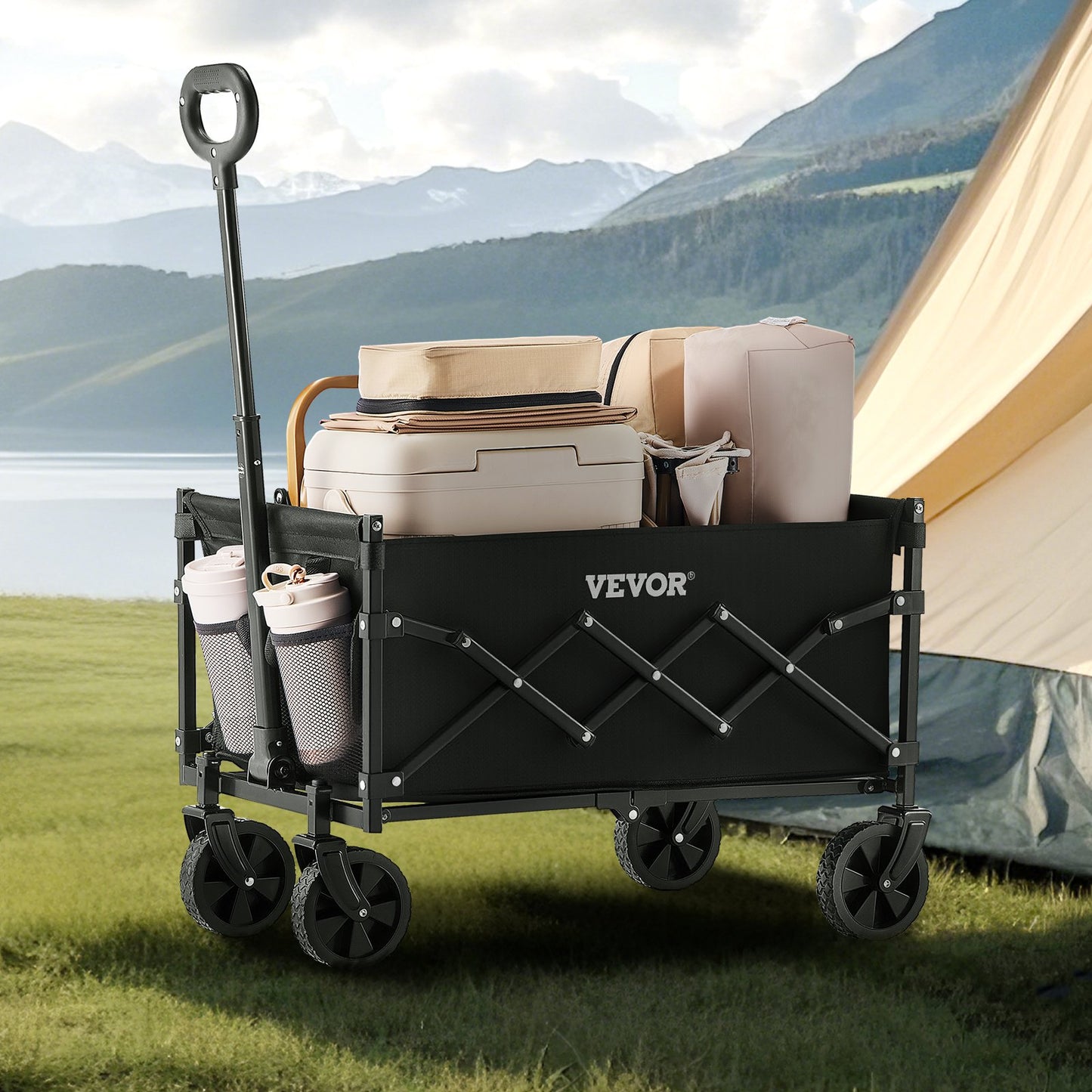 Collapsible Wagon – Heavy Duty 225 lbs, 120L, All-Terrain Wheels, Black