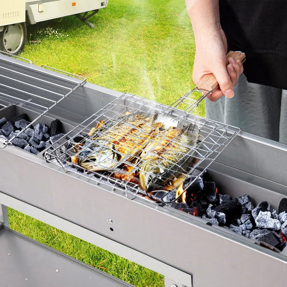 Portable Charcoal Grill Rectangular Folding Stainless Steel BBQ Grill L100xW18cm For Skewer and Kebabs with Storage Shelf Outdoor Camping Patio Cooking