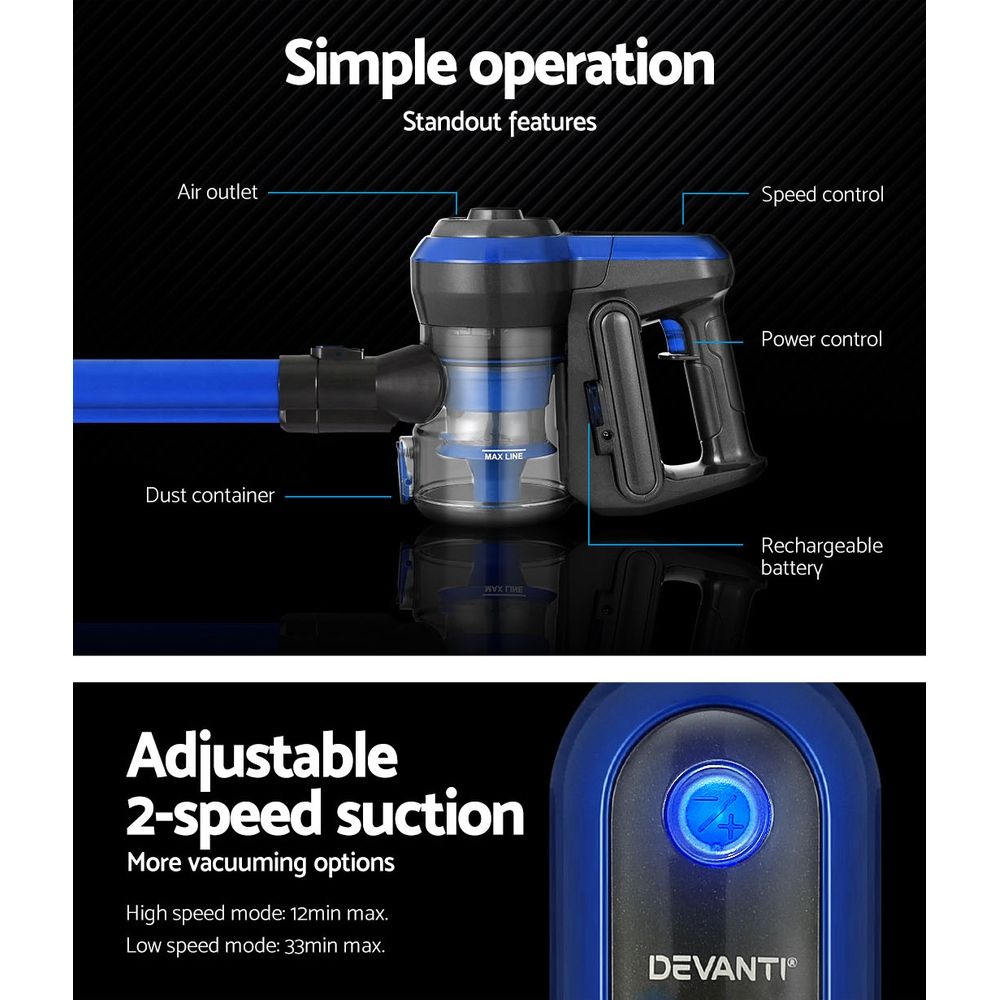 Devanti Stick Vacuum Cleaner – Brushless Motor, Cordless 250W Blue