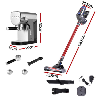 Devanti K7 Red Cordless Stick Vacuum & Espresso Machine Bundle – Button Controls