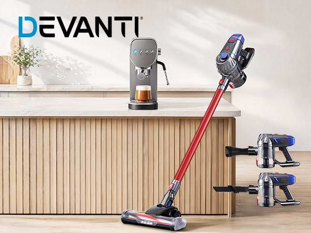 Devanti K7 Red Cordless Stick Vacuum & Espresso Machine Bundle – Button Controls