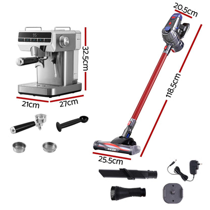 Devanti K7 Red Cordless Stick Vacuum & Espresso Machine Bundle – LED Display