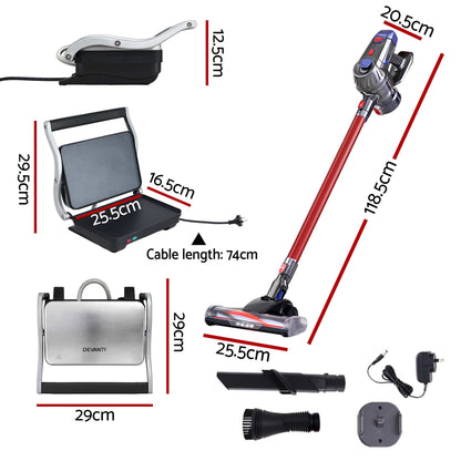 Devanti K7 Red Cordless Stick Vacuum & Sandwich Press Bundle
